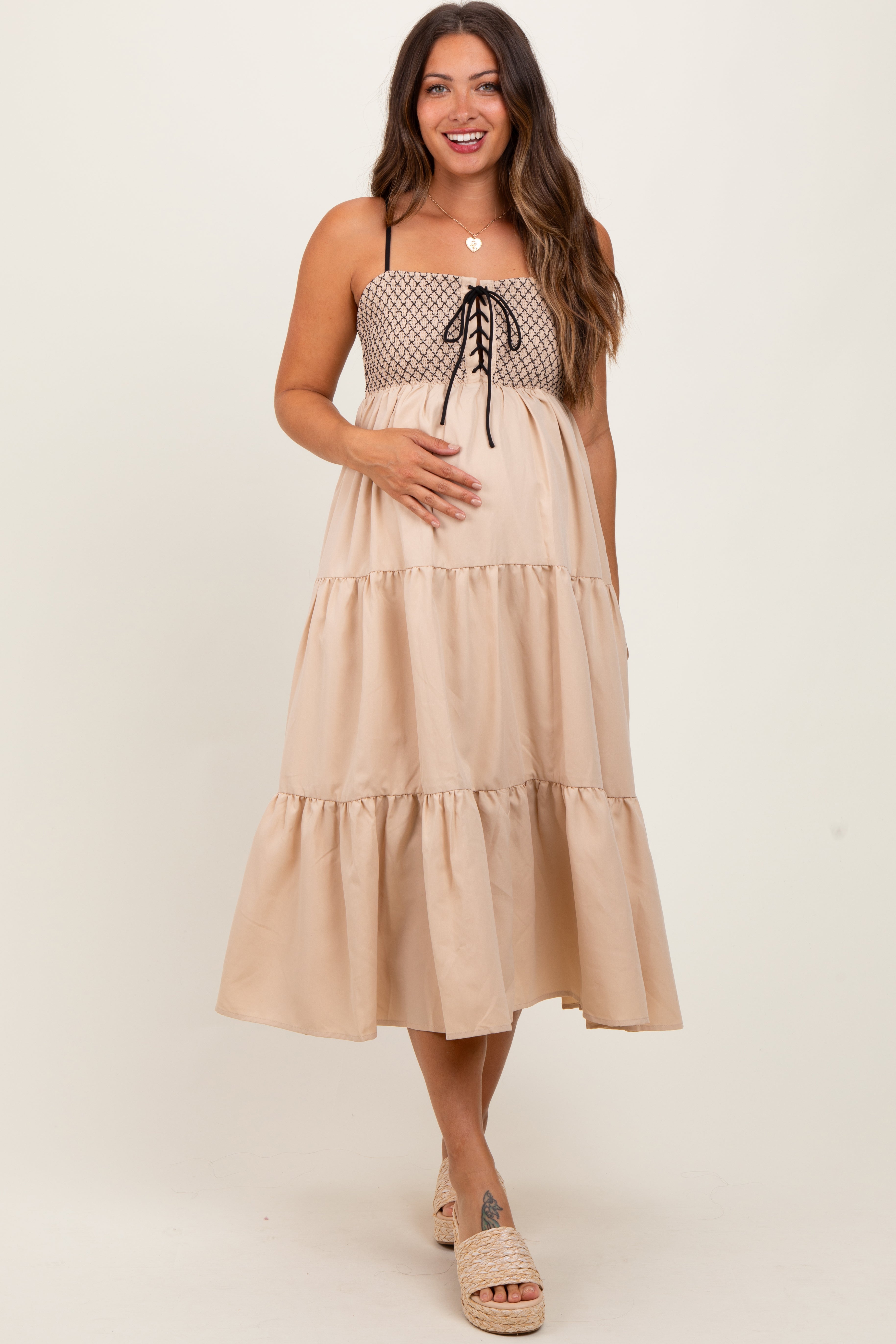 Beige Lace-Up Smocked Bodice Tiered Maternity Midi Dress for Pregnancy & Nursing - Comfortable Stretchy Flowy Dress for Baby Shower, Maternity Photos & Special Occasions