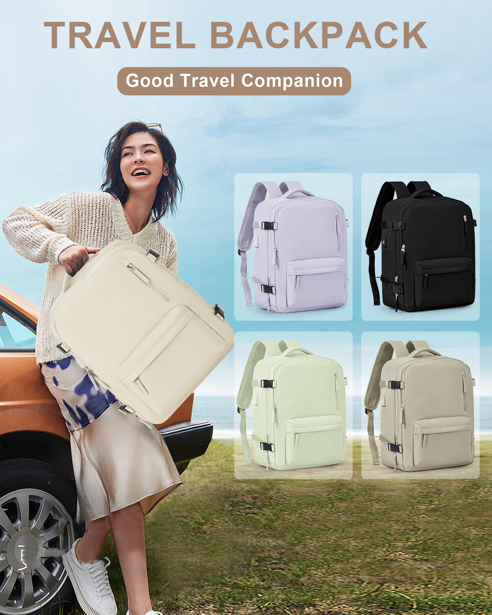 VGCUB Lightweight Travel Backpack for Women & Men - TSA Approved Carry-On Backpack, Water-Resistant Laptop Bag for College, Work & Daily Use - Perfect for Air Travel, Commuting & School (Beige)