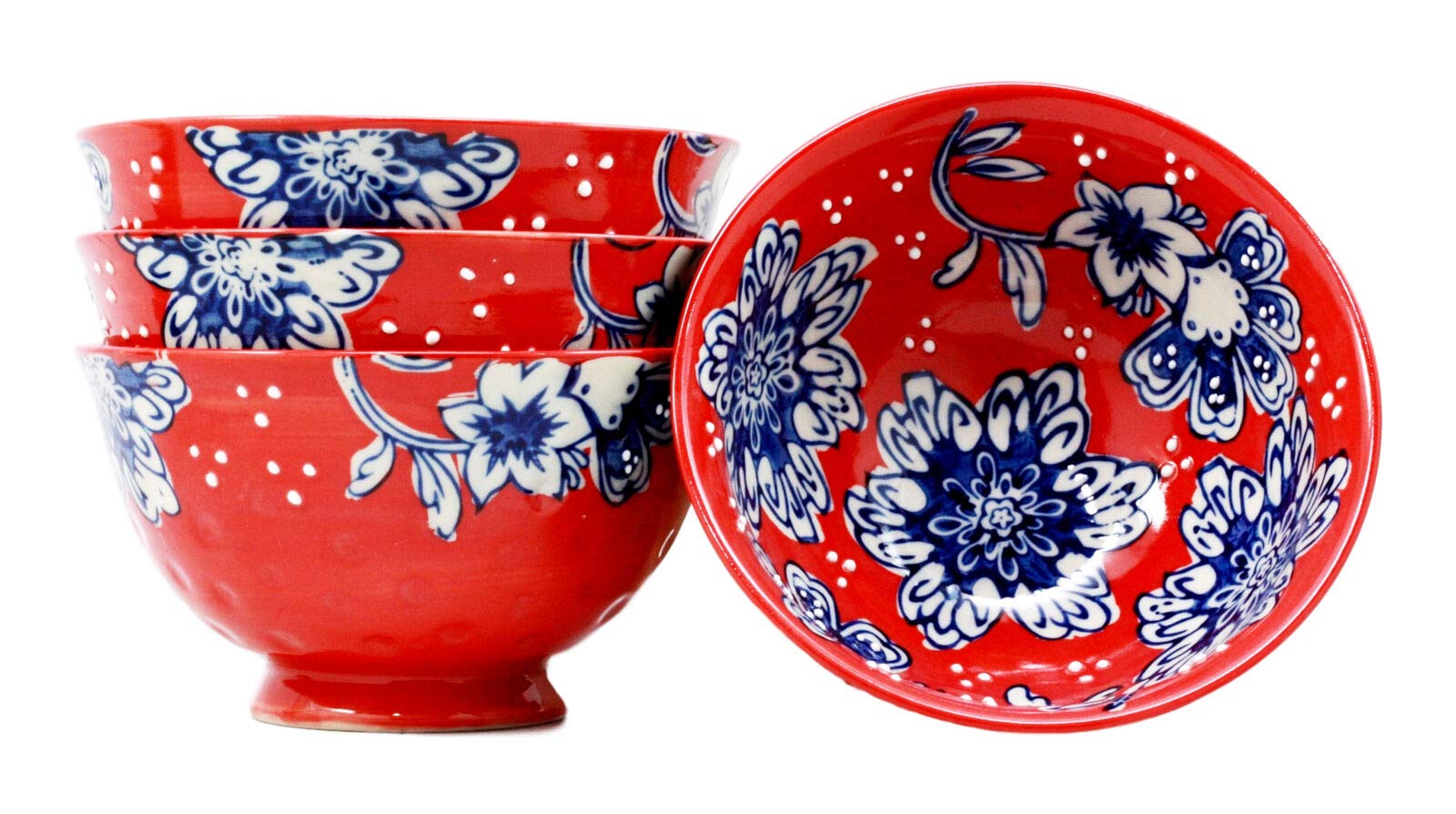 HomDEc Luxury Ottoman Style Textured Ceramic Dining Bowls Set of 4 - Iznik Ming Old World Design Handcrafted Soup & Salad Bowls for Elegant Dinner Parties & Home Decor