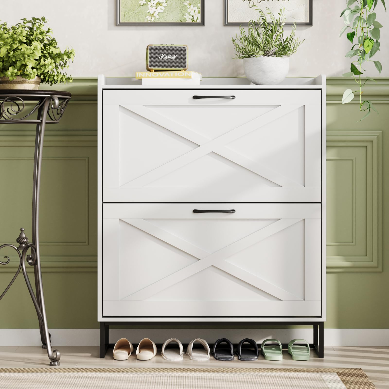 Maupvit 2-Tier Flip-Drawer Shoe Storage Cabinet with Metal Legs - Freestanding Entryway Shoe Organizer, Narrow Shoe Rack for Hallway, Living Room & Bedroom (White) - Perfect for Small Spaces & Apartment Entryways