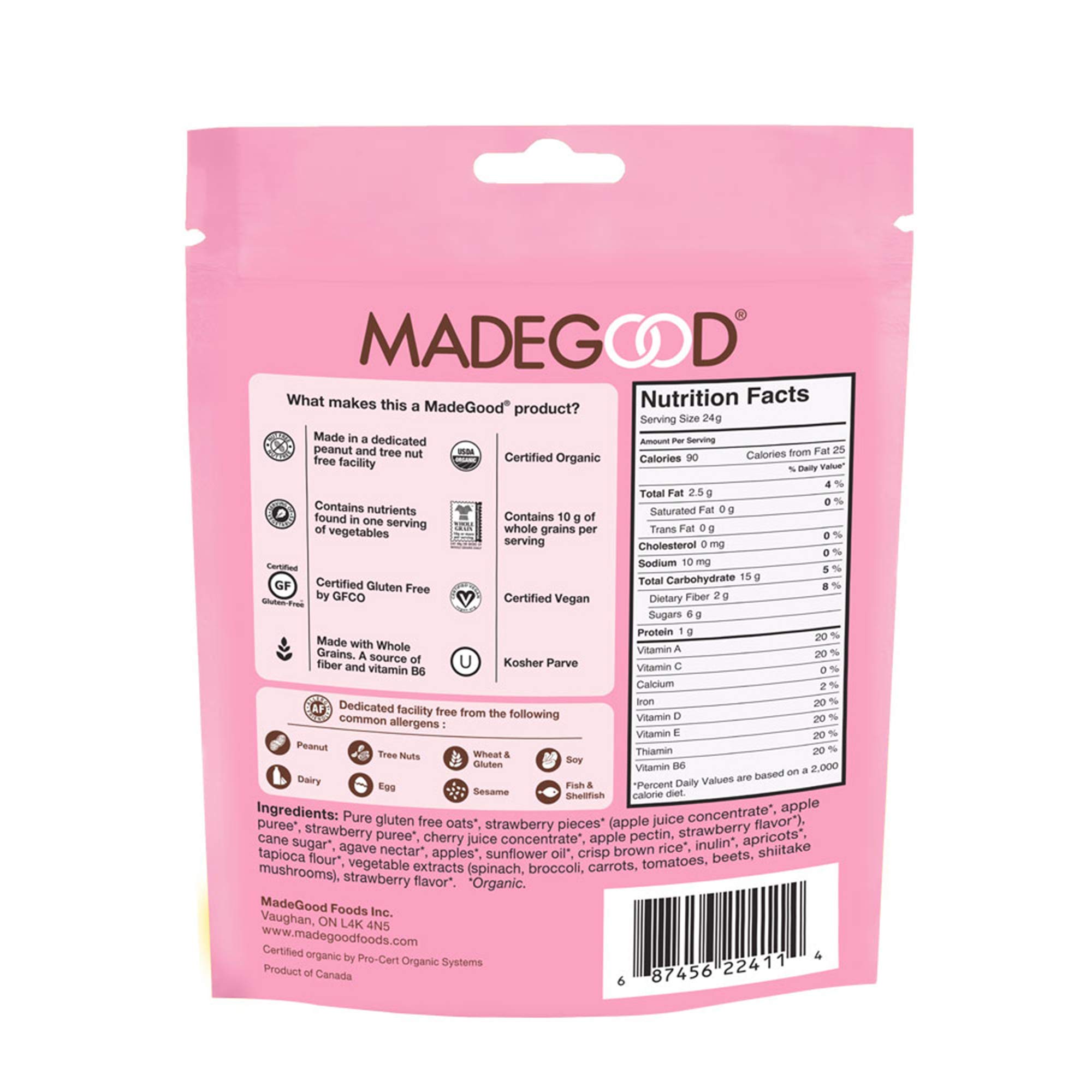 MadeGood Strawberry Granola Minis, 6 Pouches (3.5 oz Each) - Crunchy Oat Clusters with Real Strawberries, Individually Wrapped for On-the-Go Snacking - Gluten Free, Vegan, Nut Free, School Safe Snack - Perfect for Lunchboxes, Hiking & After-School Treats