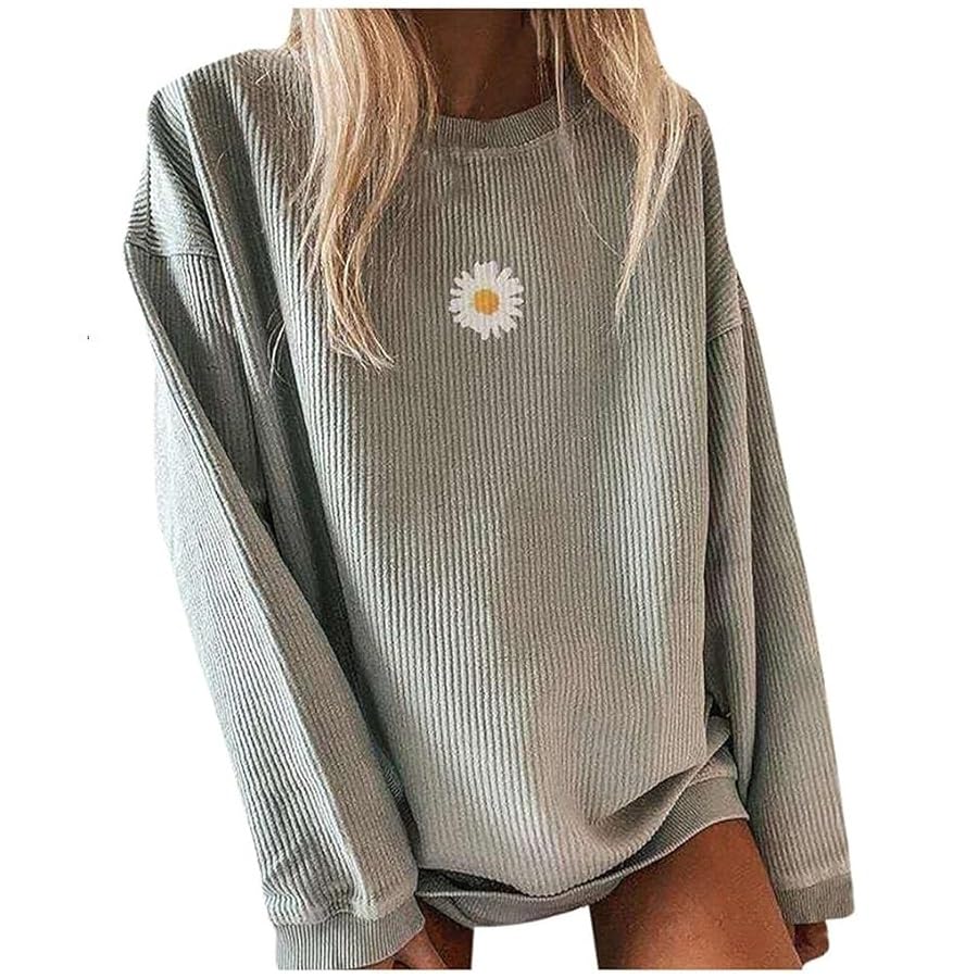 PGOJUNI Women's Loose Waffle Knit Crewneck Sweatshirt - Daisy Graphic Long Sleeve Casual Top for Teen Girls & Women | Perfect for School, Shopping & Everyday Wear