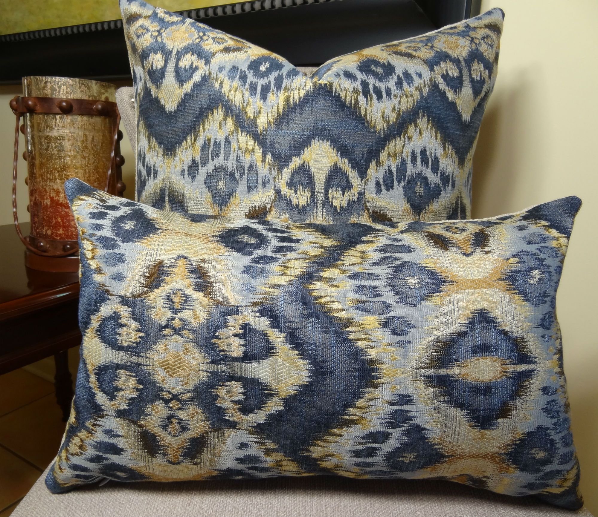 Handmade Designer Zig Zag Ikat Throw Pillow - Navy Blue Tan Indigo Wavy Pattern Accent Pillow - Modern Home Decor - Perfect for Sofa, Bed & Living Room