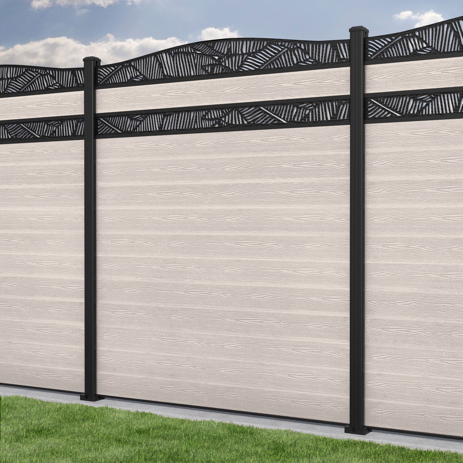 Classic Feather Curved Top Split Screen Fence Panel in Mid Stone - Durable Aluminum Posts for Privacy & Garden Decoration | Perfect for Backyard, Patio, and Poolside Landscaping