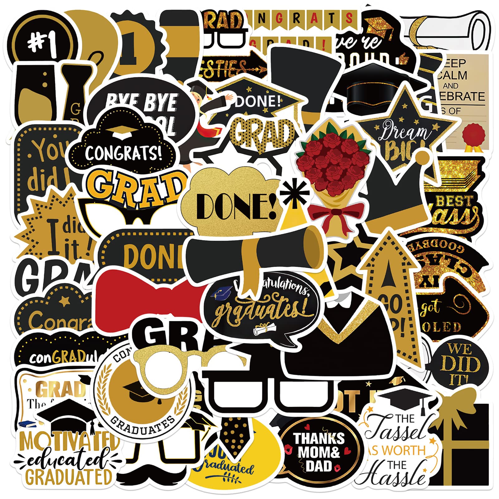 52PCS Graduation Stickers - Vinyl Waterproof Decals for Water Bottles, Laptops, Luggage, Helmets | Perfect for Grad Party Decorations, DIY Scrapbooking & Gift Giving