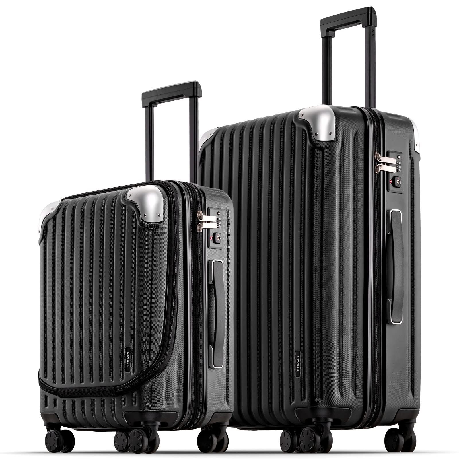 LEVEL8 Grace Carry On Luggage Set - 2-Piece ABS+PC Hardshell Spinner Suitcase with TSA Lock & 360° Wheels (20/24 Inch, Black) - Perfect for Business Travel & Weekend Getaways