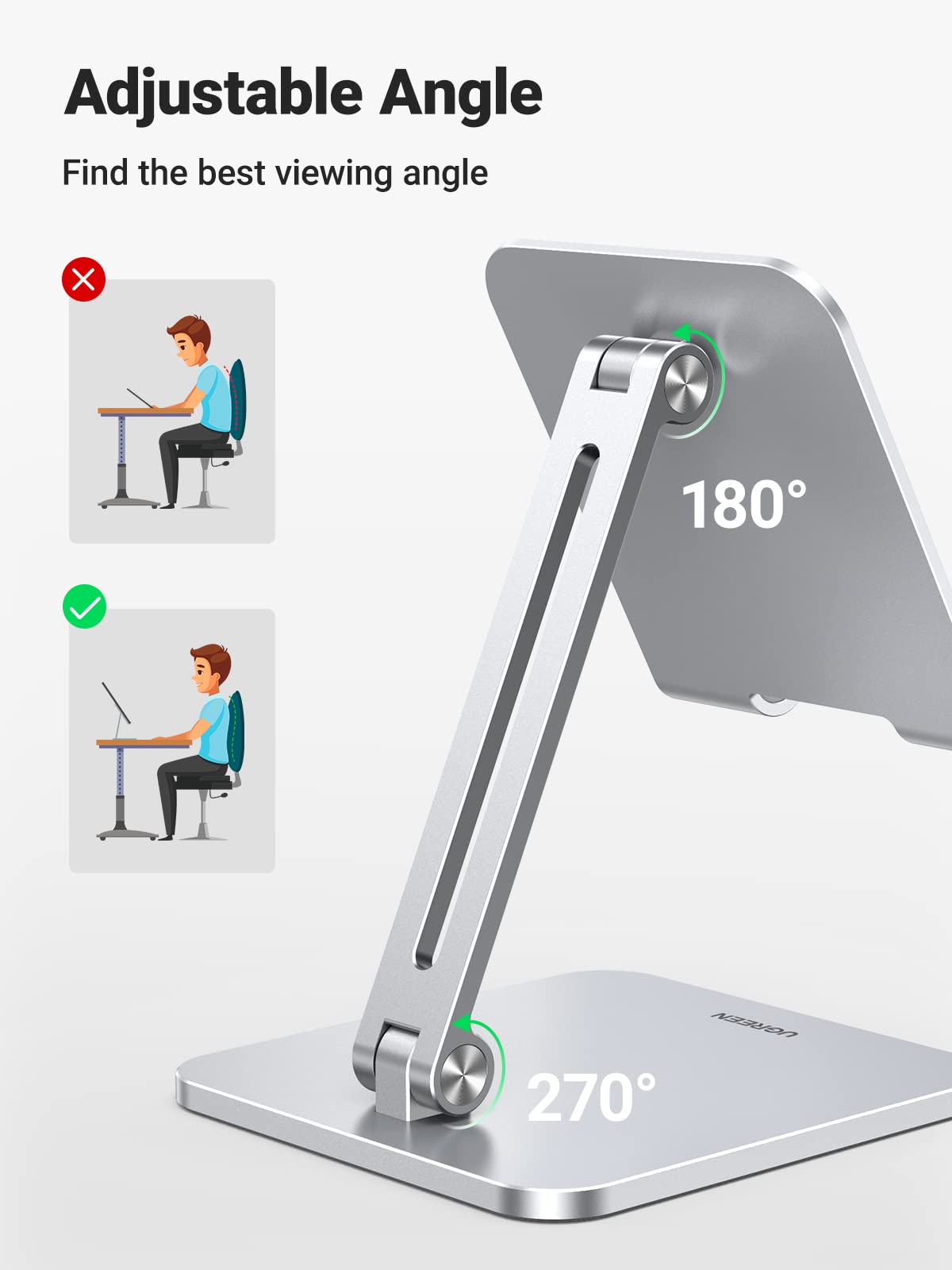 UGREEN Adjustable Aluminum Tablet Stand Holder for iPad Pro/Air/Mini 10.2-12.9 Inch, Thick Base Desk Stand with Non-Slip Design - Perfect for Home Office, Study, Watching Videos & Video Calls (Silver)