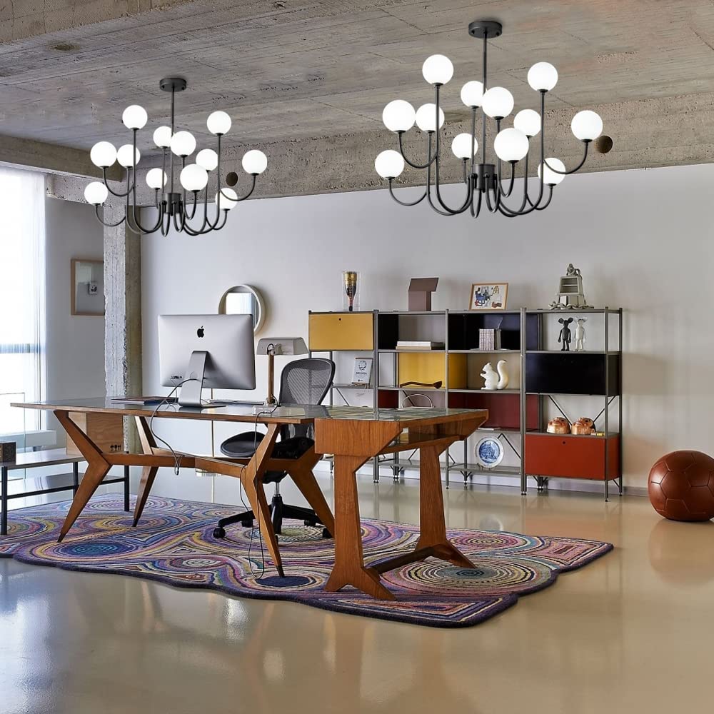 Modern Glass Globe 12-Light Sputnik Chandelier - Mid-Century Black Ceiling Light Fixture for Dining Room, Living Room, Bedroom, Kitchen, Stairwell & Office - Elegant Pendant Lighting for Home and Commercial Spaces