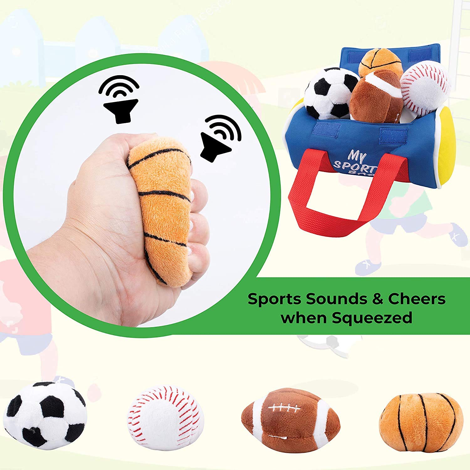 **Etna My Sports Bag - Soft Plush Toy Play Set for Toddlers, Sensory Toys with Sound & Cheer Effects - Includes Plush Basketball, Baseball, Soccer Ball & Football - Perfect for Playtime, Learning & Gift Giving**