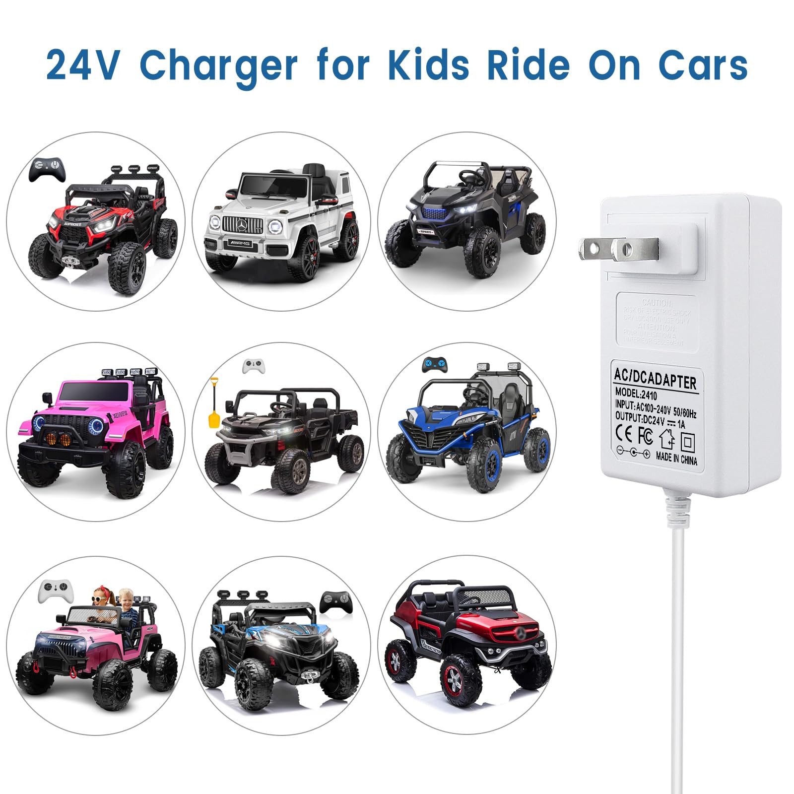24V Kids Ride On Car Charger with Indicator Light - 6.0 ft White Battery Charging Cable for Electric Ride On Toys - Perfect for Power Wheels, ATVs & Children's Electric Vehicles