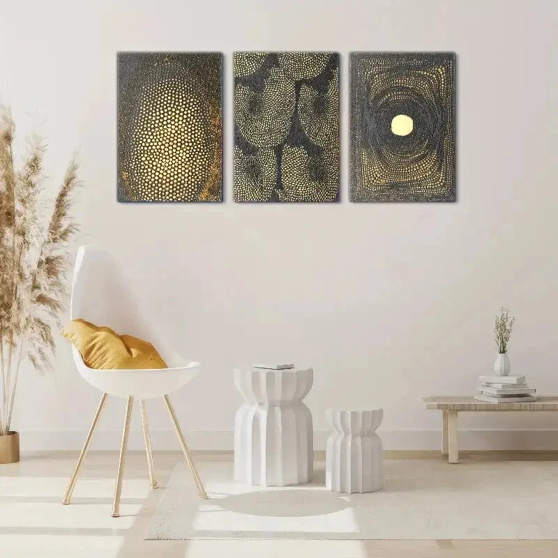 3-Piece Golden Dots Abstract Art Metal Print - Modern Wall Decor for Living Room, Bedroom & Office - Ready to Hang Framed Poster Set for Home & Office Decor