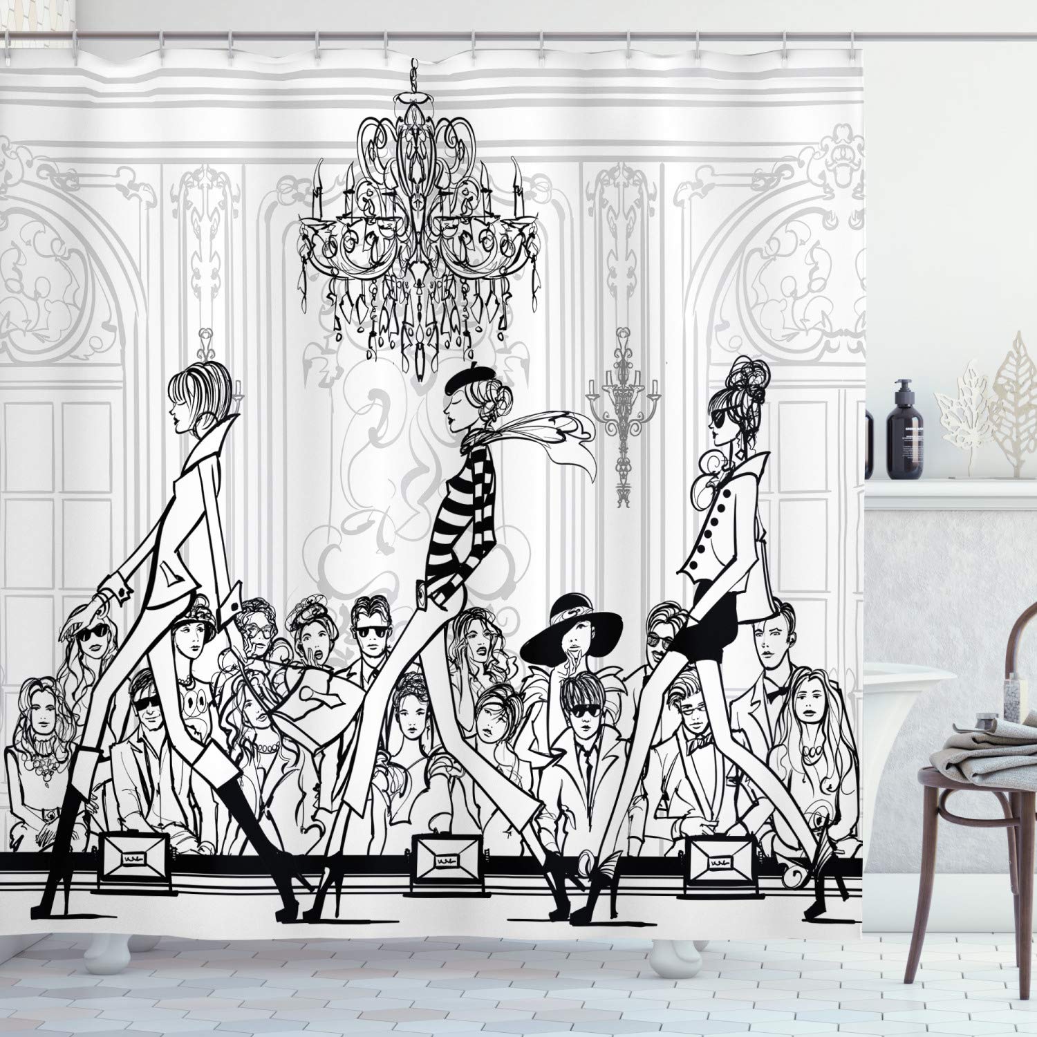 Ambesonne Fashion Shower Curtain - Catwalk Mannequins & Supermodel Crowd Illustration - 69x70 Inch Cloth Fabric Bathroom Decor with Hooks - Ecru Black - Perfect for Modern Bathroom & Fashion-Themed Home Decor