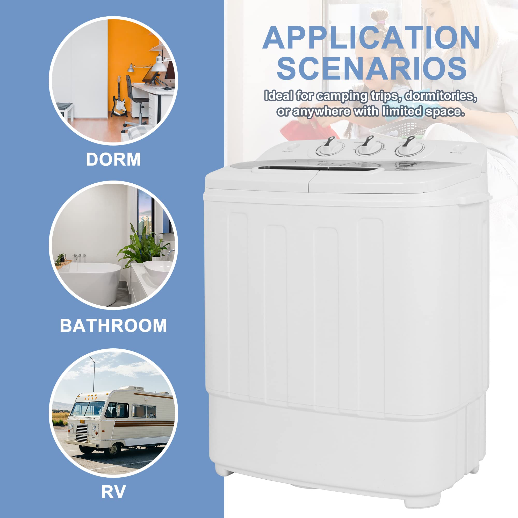 Portable 13lbs Mini Twin Tub Washing Machine with Dryer - Compact Washer & Spin Dryer Combo for Apartments, Dorms, RVs, Camping - Perfect for Small Spaces, Travel & Laundry Room Use