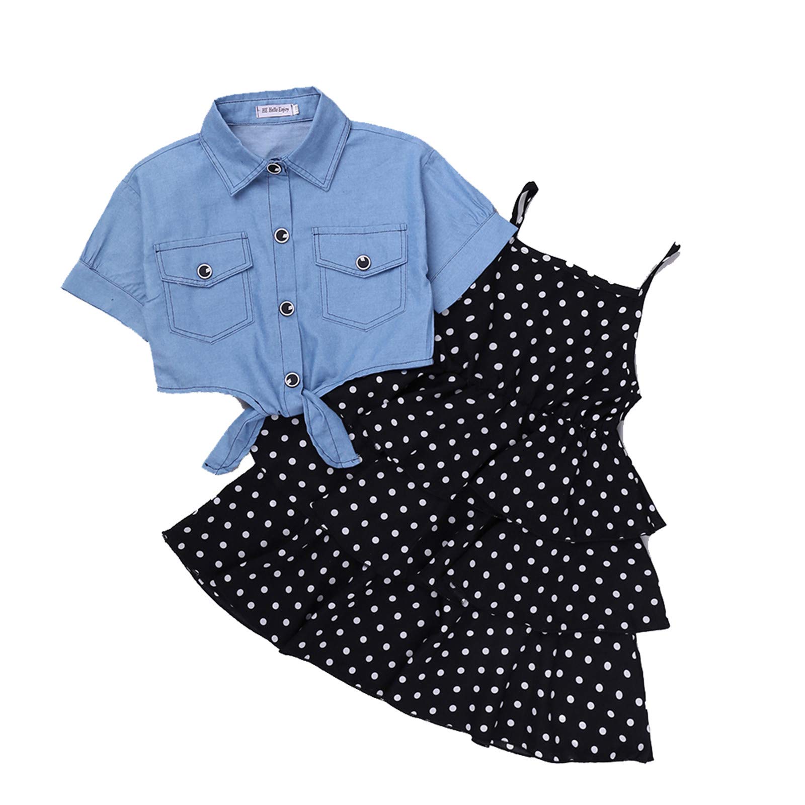 **Toddler Girls Denim Jacket & Polka Dot Layered Dress Set - Cute Dinosaur Print Outfit for Baby Girls | Perfect for Playdates, Parties & Photo Shoots**