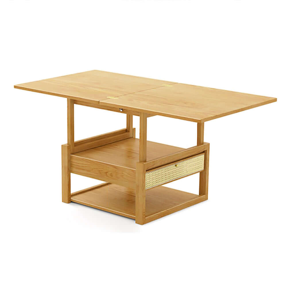 Modern Japandi Style Wooden Folding Coffee Table Set with Rattan Nesting Accent - Space-Saving Dining Table for Small Living Rooms, Apartments & Outdoor Patios