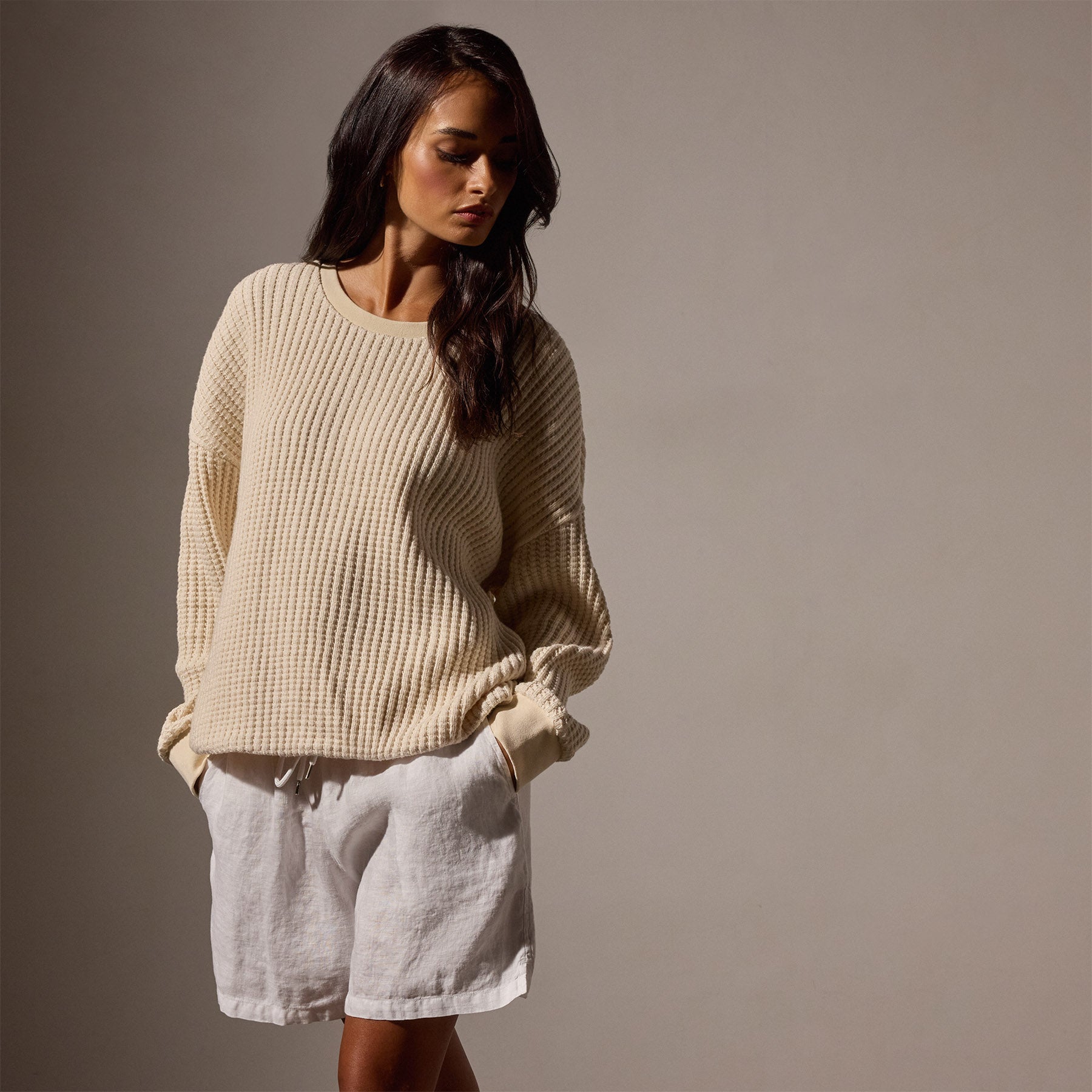 Cozy Waffle Knit Sweatshirt for Women - Natural Color Cotton Pullover | Perfect for Casual Wear, Fall Layering & Lounge Outfits