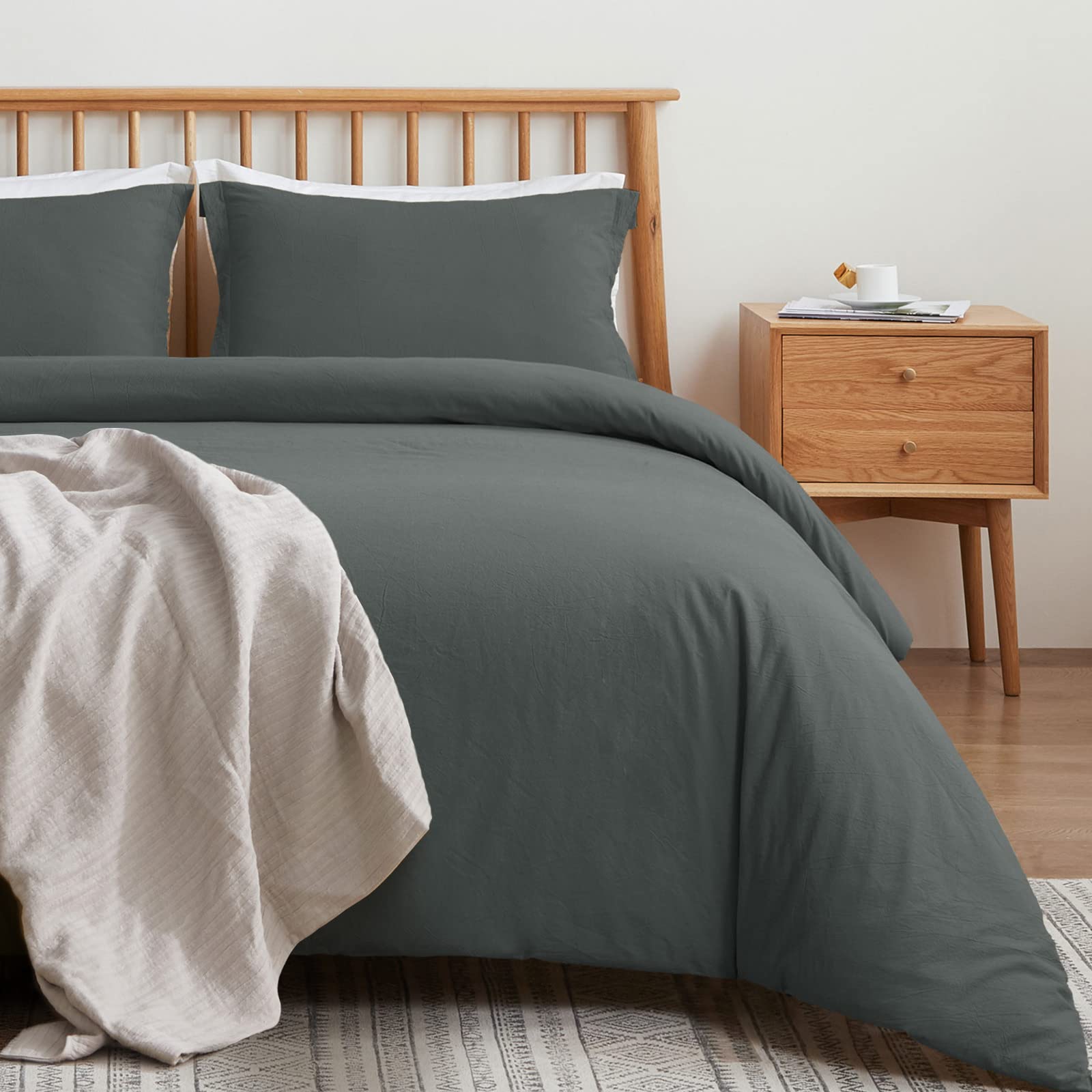 VEEYOO Twin Duvet Cover Set - 100% Washed Cotton Soft Breathable Comforter Cover with Zipper Closure (1 Duvet Cover + 1 Pillowcase) | Perfect for Bedroom, Guest Room & Dorm | Charcoal Grey