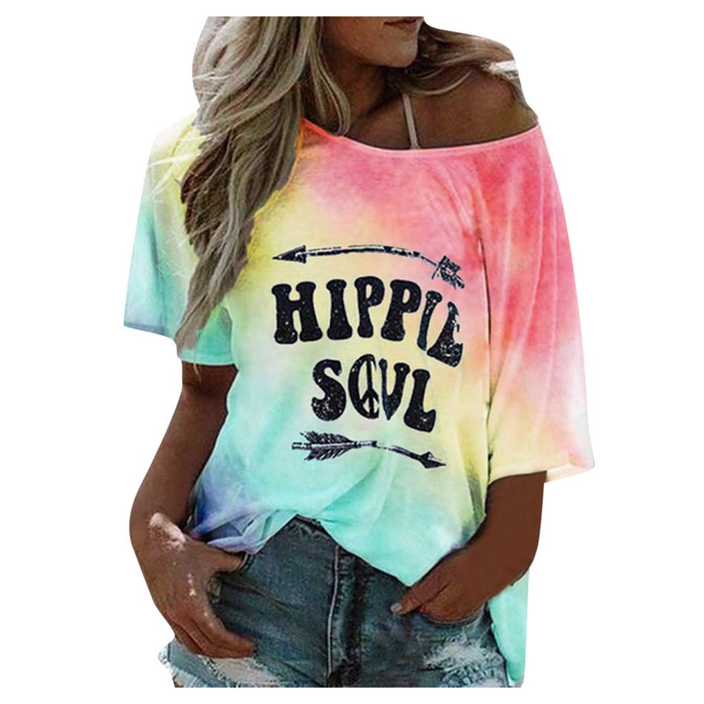 GIYBLACKO Women's Summer Loose Shoulder Tie-Dye Monogram Blouse - White Oversized Dress Shirt for Women, Plus Size Casual Top for Beach, Vacation & Boho Style Outfits