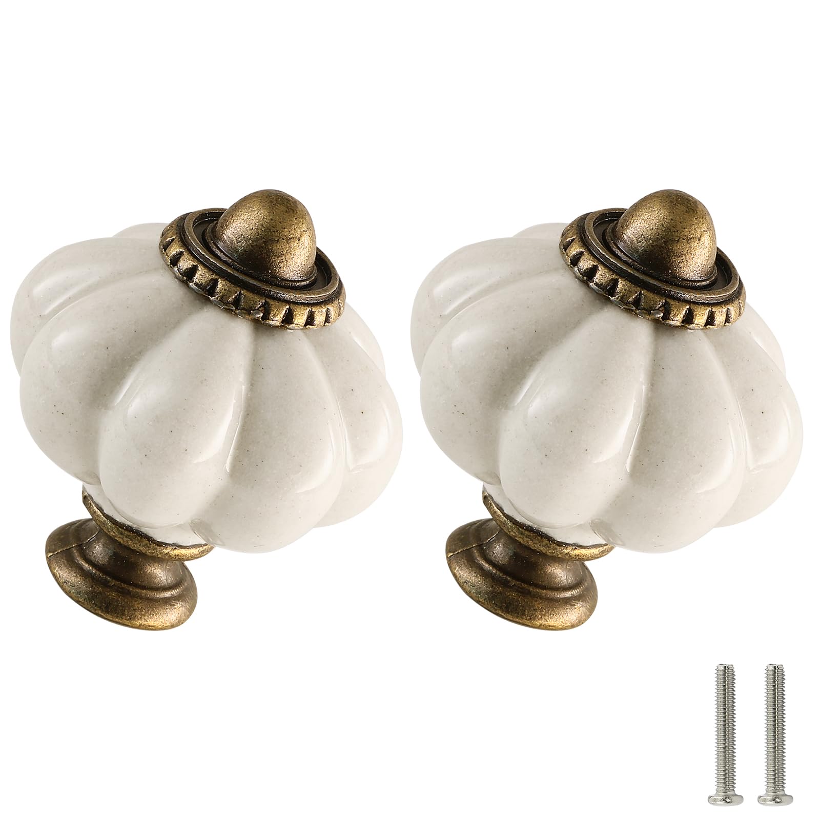 Antique White Ceramic Pumpkin Knobs 2 Pack - Vintage Cabinet & Drawer Pulls with Screws for Closet, Dresser, Cupboard - Perfect for DIY Home Decor and Furniture Upcycling Projects (Halloween, Fall, Farmhouse Style)