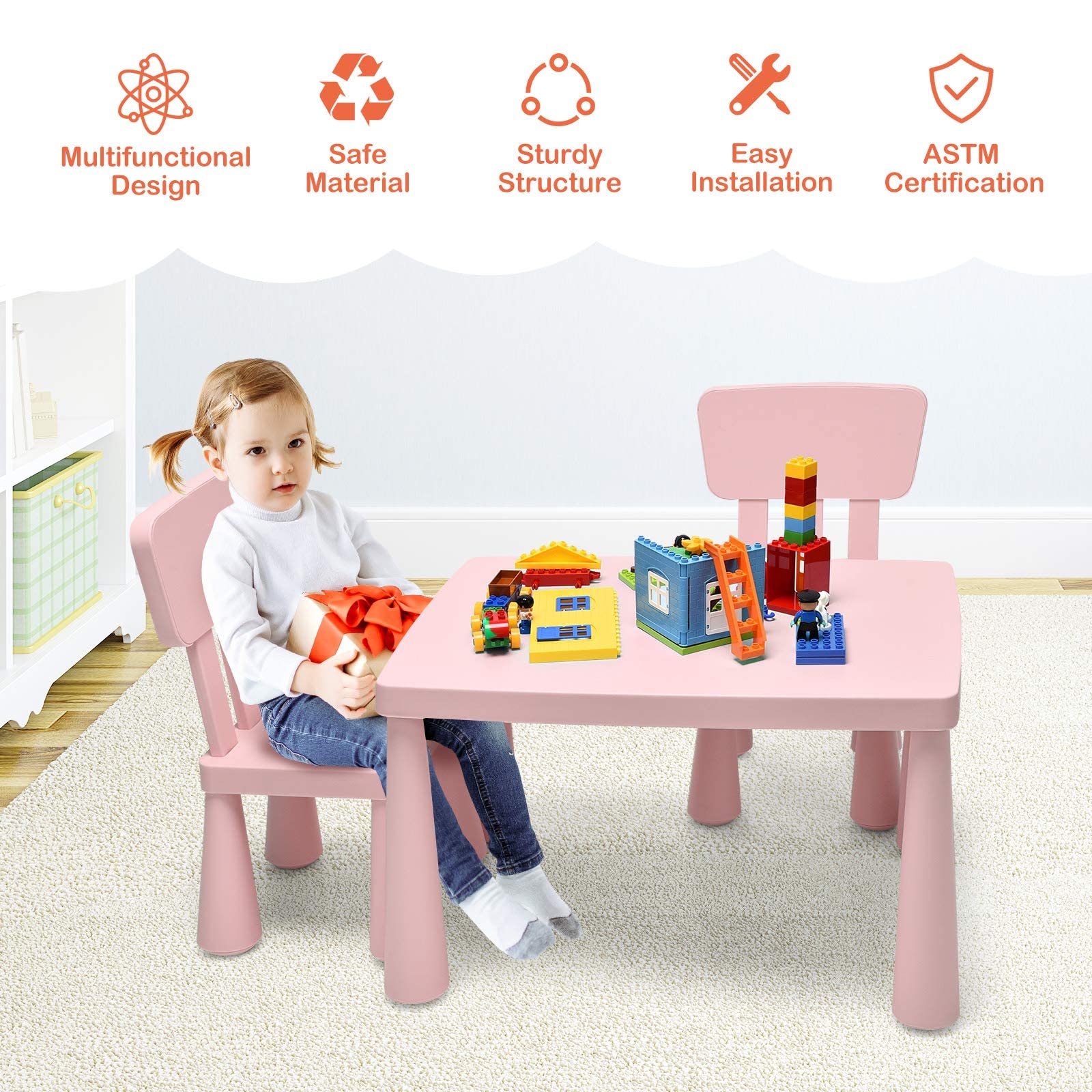 Costzon Kids Table and Chair Set - 3-Piece Plastic Toddler Activity Table for Reading, Drawing, Arts & Crafts, Snack Time - Perfect for Preschool, Kindergarten & Playroom - Easy to Clean (Pink) - Ideal for Learning, Playtime & Creative Activities at Home
