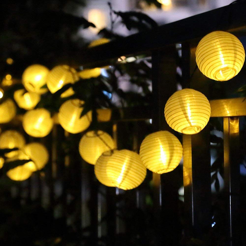 ALLOMN 19.7ft 30LED Solar Powered Waterproof Outdoor String Lights with Fabric Lanterns - Warm White Fairy Lights for Christmas Decorations, Garden, Patio, Yard, Wedding & Home Decoration (Indoor/Outdoor Use)