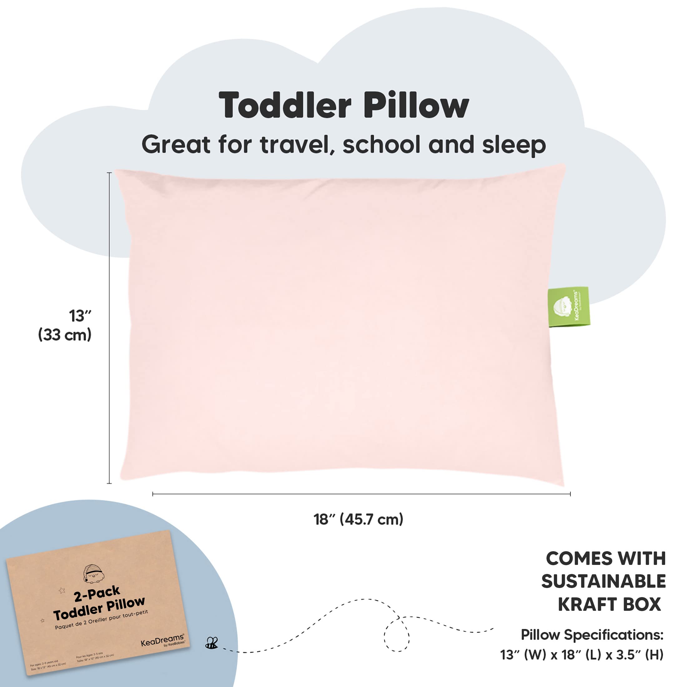 KeaBabies Organic Toddler Pillowcase for 13x18 Inch Pillow & 2-Pack Soft Cotton Toddler Pillows - Hypoallergenic Baby Pillow Set for Boys & Girls - Perfect for Nap Time, Travel & Nursery Bedding