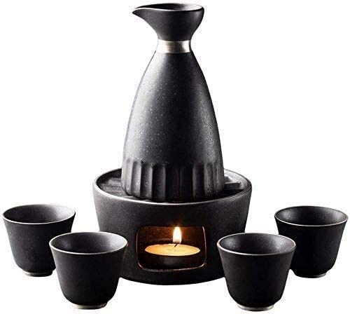 Premium Japanese Ceramic Sake Set - 6-Piece Black Glaze Plated Silver Sake Set with Candle Stove | Traditional Sake Cups for Cold/Warm Sake, Shochu & Tea | Perfect for Home Entertaining, Japanese Restaurants & Gift Giving