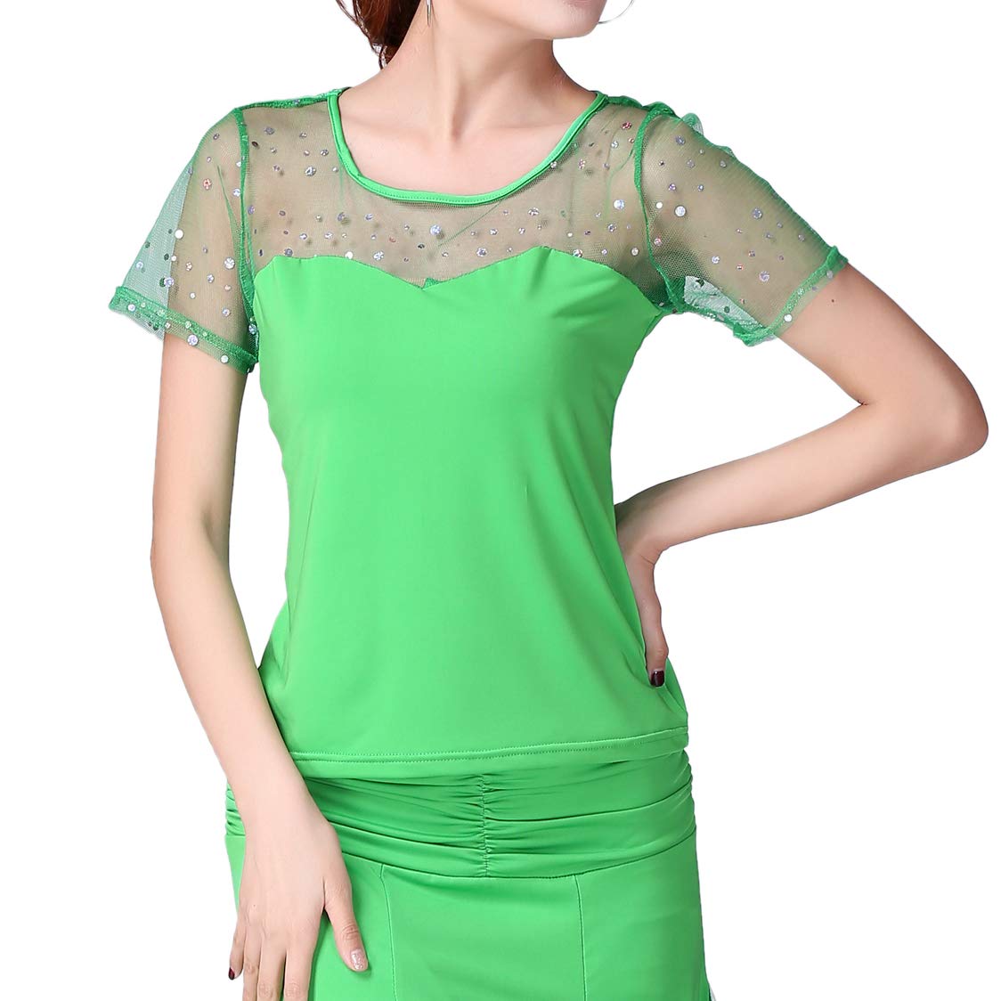 Whitewed Sweetheart Ballroom Latin Dance Practice Sequin Short Sleeve Top | Women's Sparkly Dancewear for Salsa, Tango & Competition | Perfect for Dance Classes, Performances & Social Events