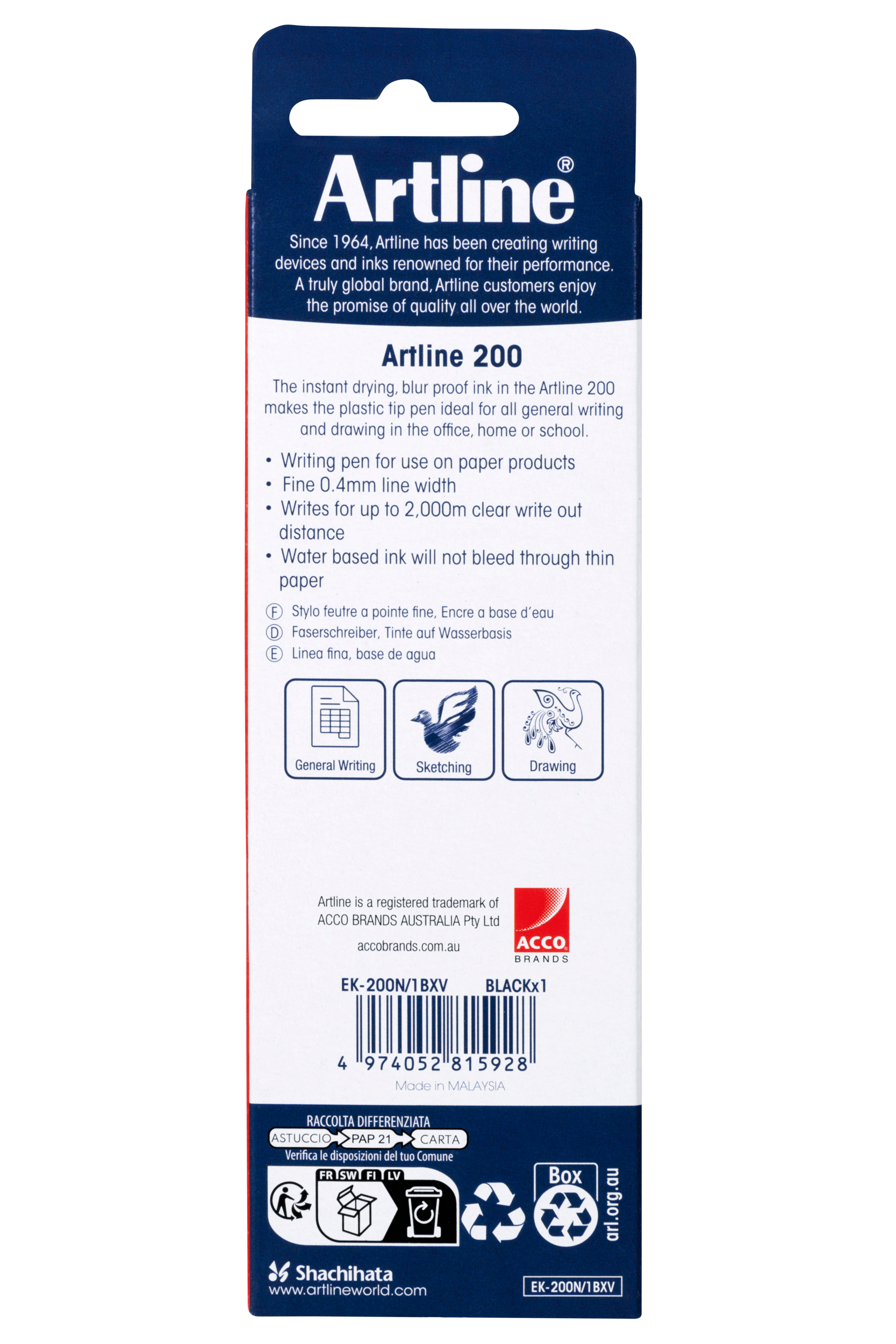Artline 200 Fineliner Pen - Ultra Fine 0.4mm Black Ink Marker for Sketching, Drawing & Note Taking - Perfect for Artists, Students & Office Use