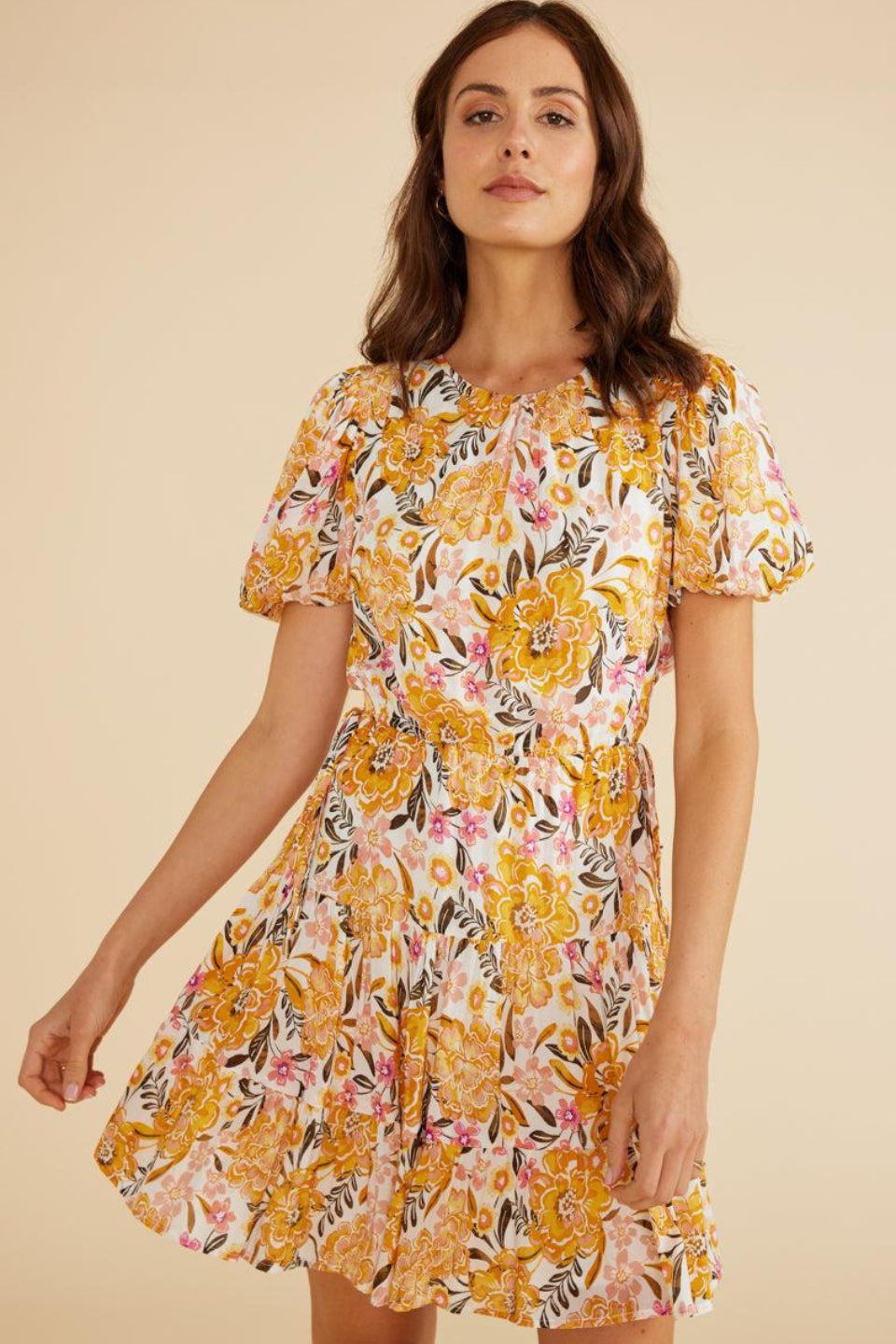 Ezra Marigold Floral Short Sleeve Puff Mini Dress for Women - Summer Party, Wedding Guest, Vacation Outfit