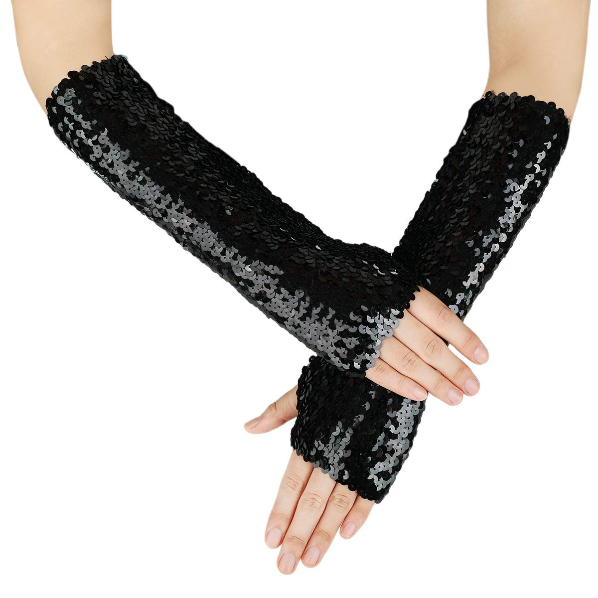 JISEN Shiny Sequins Arm Warmers - Stretchy Fingerless Gloves for Women, Fashionable Hand & Wrist Cover (Perfect for Dance, Cosplay, Winter & Costume Parties)