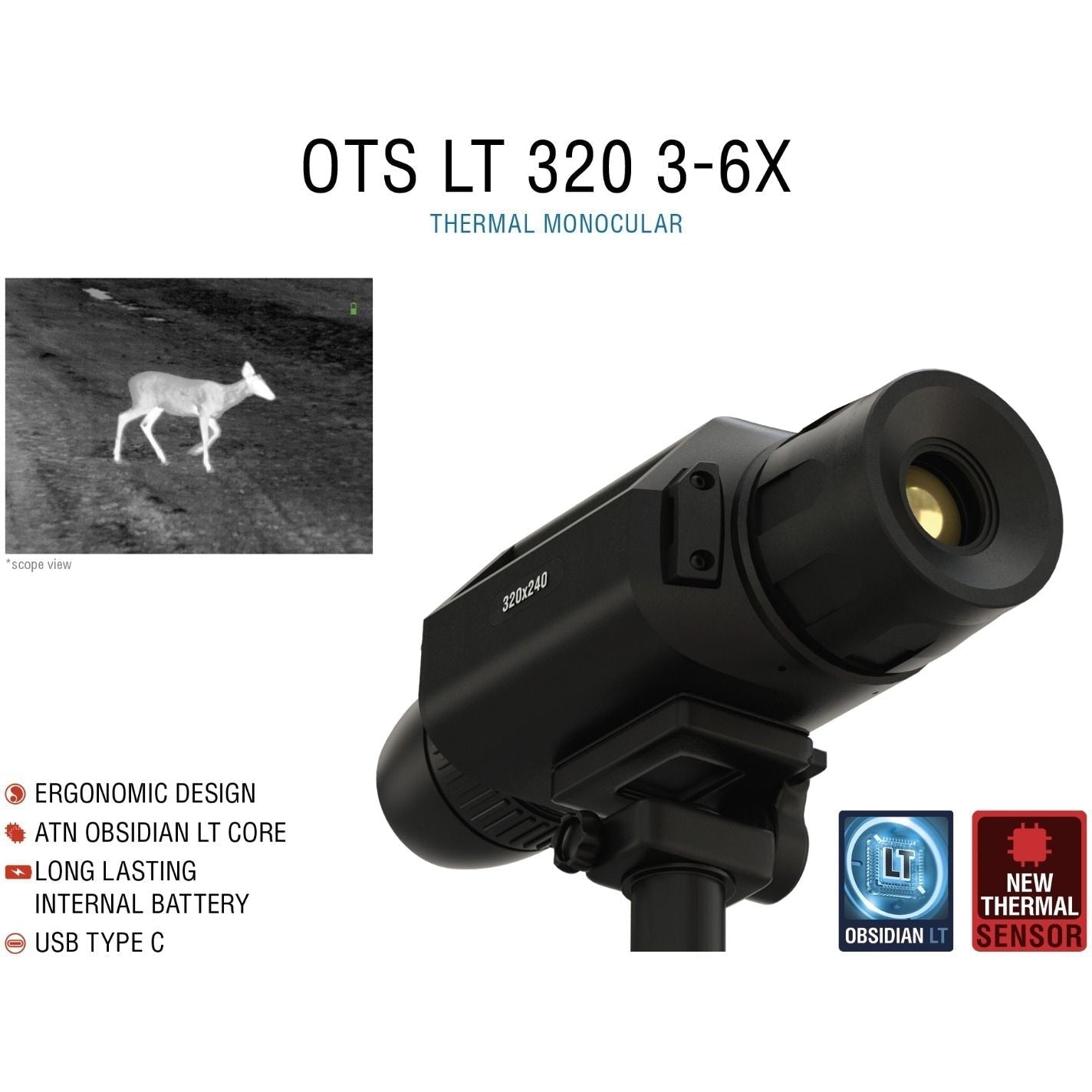 ATN OTS LT 3 6x Thermal Monocular - 320x240 Resolution, 25mm Lens, 12 Micron Sensor - Handheld Thermal Spotter for Hunting, Surveillance & Outdoor Adventures