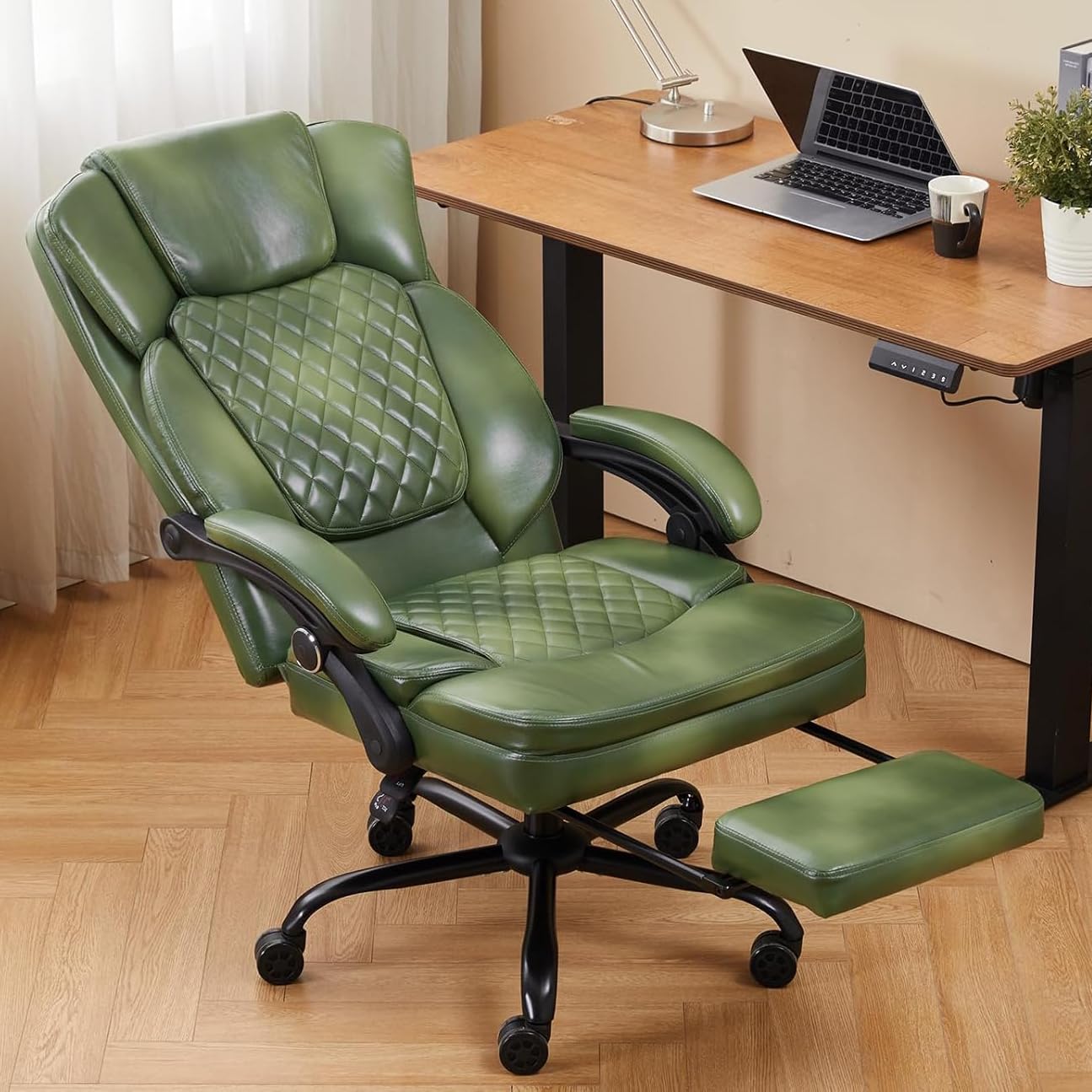 Ergonomic Reclining Office Chair with Footrest - PU Leather Executive Desk Chair for Big & Tall Users, 400 lbs Weight Capacity, Coil Spring Cushion Support | Perfect for Home Office, Gaming & Workspaces (Green)