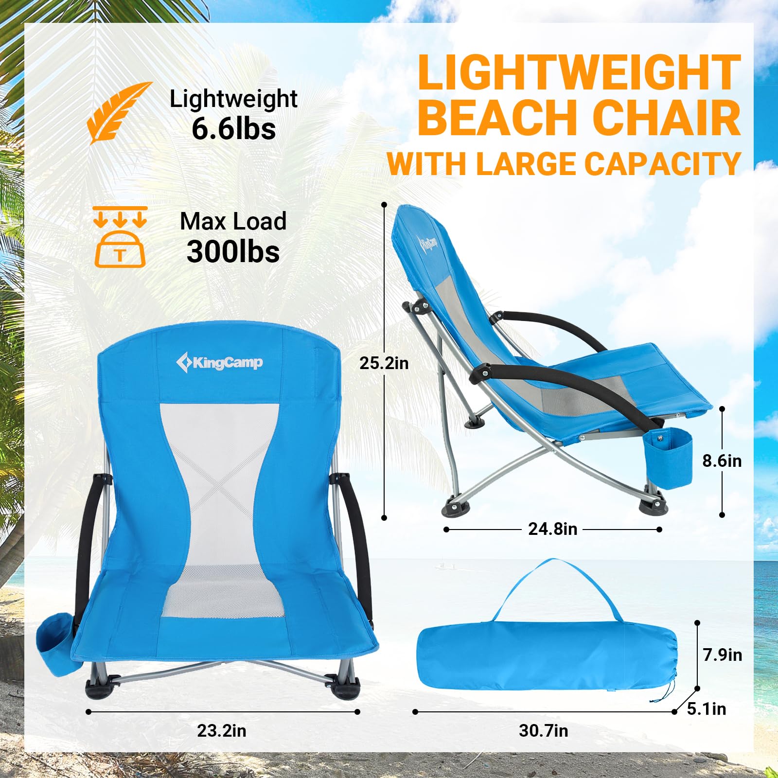 KingCamp Low Beach Chair - Portable Folding Lightweight Backpack Chair for Adults with Cup Holder & Storage Pocket - Perfect for Camping, Concerts, Festivals, Beach, Travel, Sports & Backyard Relaxation (Blue)