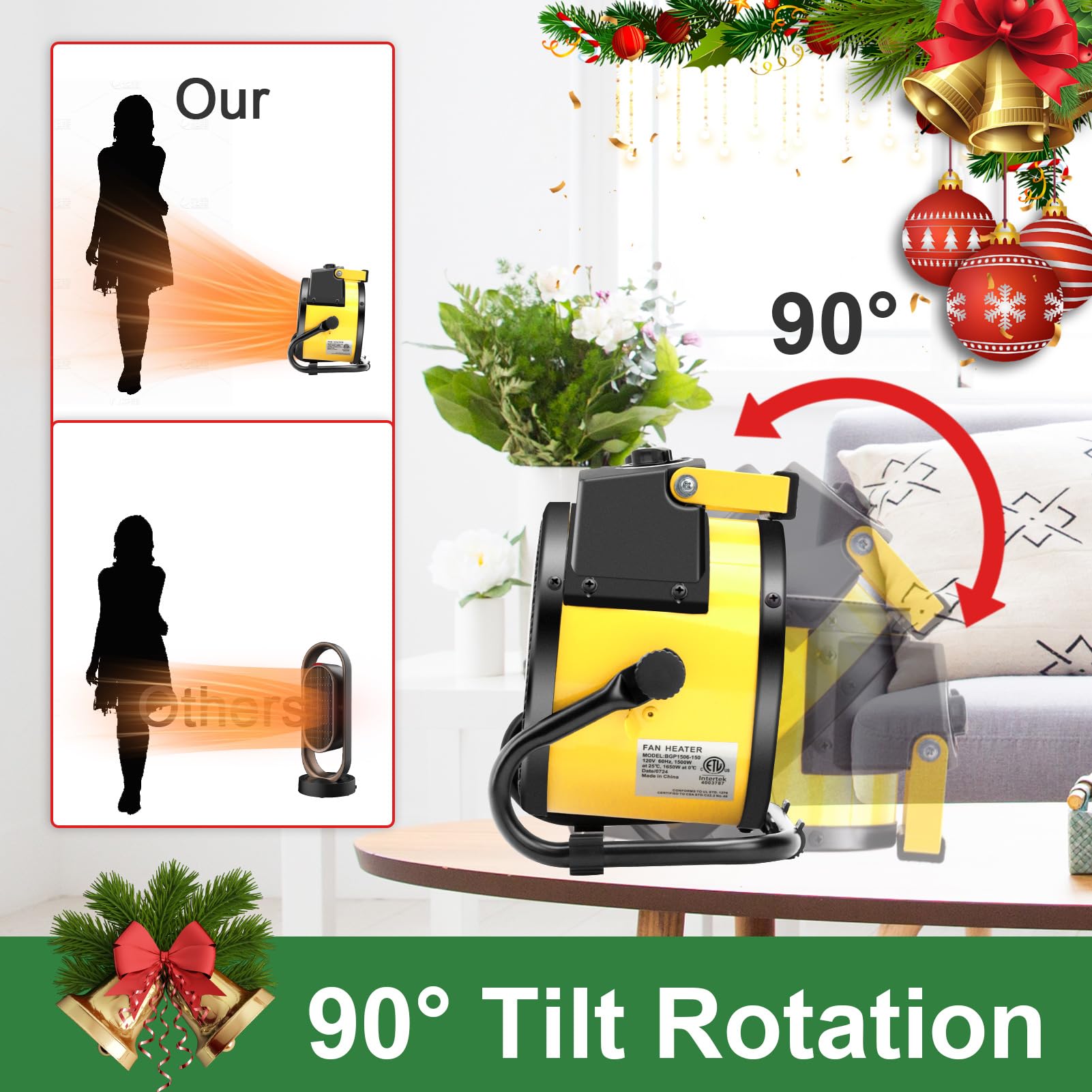 1500W Electric Patio Heater with Overheat Protection - 3S Quick Heat, 3 Modes & 90° Tilt Rotation - Portable Space Heater for Greenhouse, Garage, Outdoor Use - Perfect for Winter Nights, Camping & Backyard Gatherings