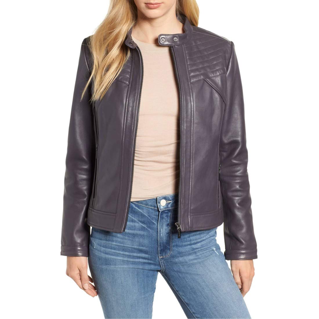 Stylish Women's Real Leather Motorcycle Jacket - Quilted Bomber Biker Outerwear in Grey | Perfect for Riding, Casual Wear & Fashion Outfits