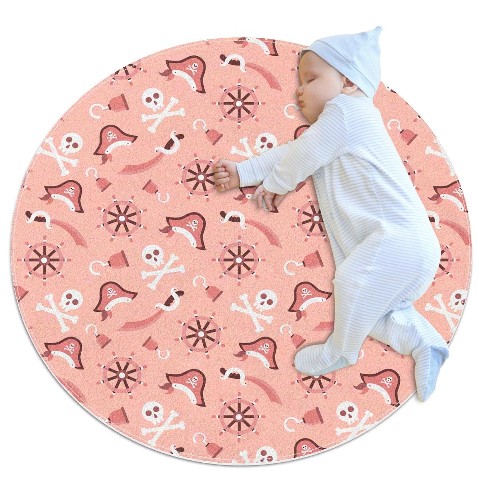 Non-Slip Pink Pirate Themed Round Carpet - Soft Polyester Floor Mat for Kids Room, Bathroom, Living Room & Bedroom | Perfect for Play Areas, Nursery Decor & Cozy Home Spaces