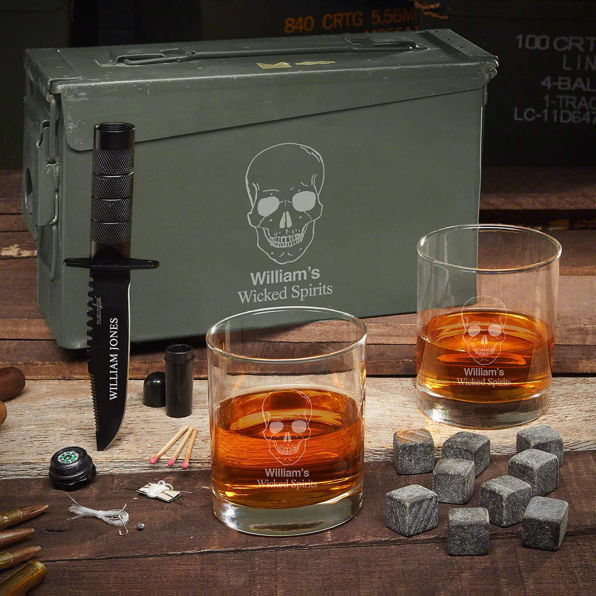 Personalized Phantom Skull Engraved Whiskey Glasses Set with 30 Cal Ammo Can - Unique Gift for Bourbon Lovers, Whiskey Tumbler Set for Men, Perfect for Home Bar, Man Cave Decor & Whiskey Tasting Parties