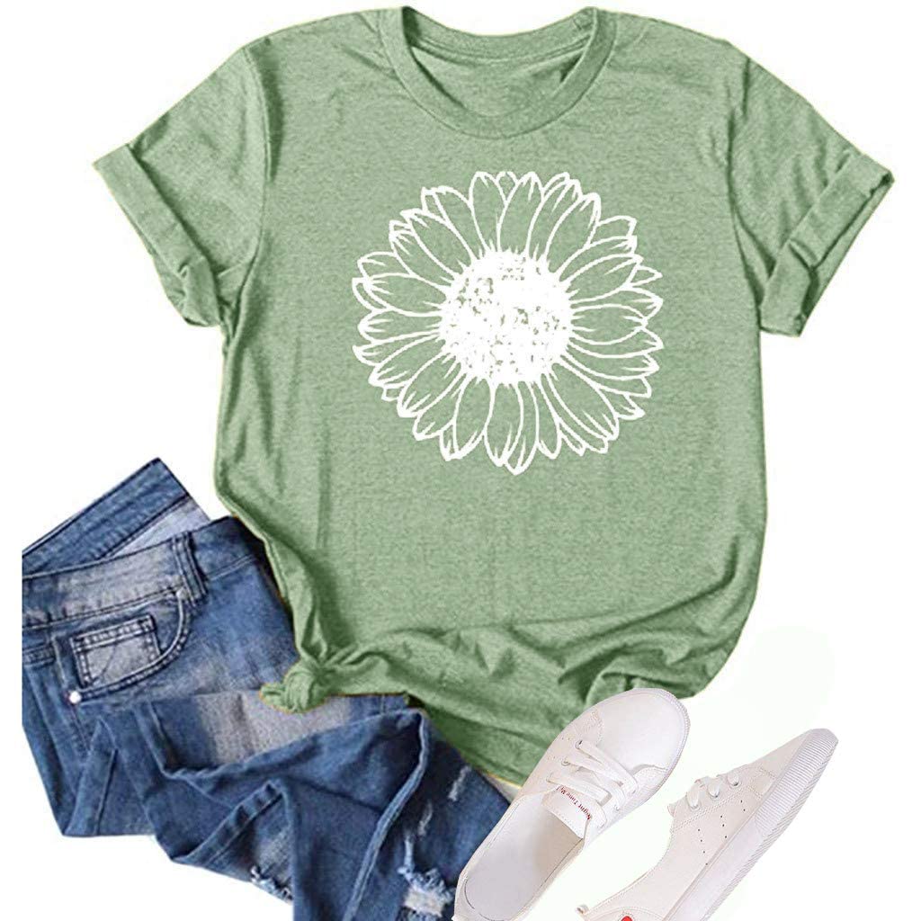Women's Summer Sunflower Graphic T-Shirt - Cute Floral Print Loose Fit Crew Neck Short Sleeve Casual Top for Beach, Vacation & Everyday Wear