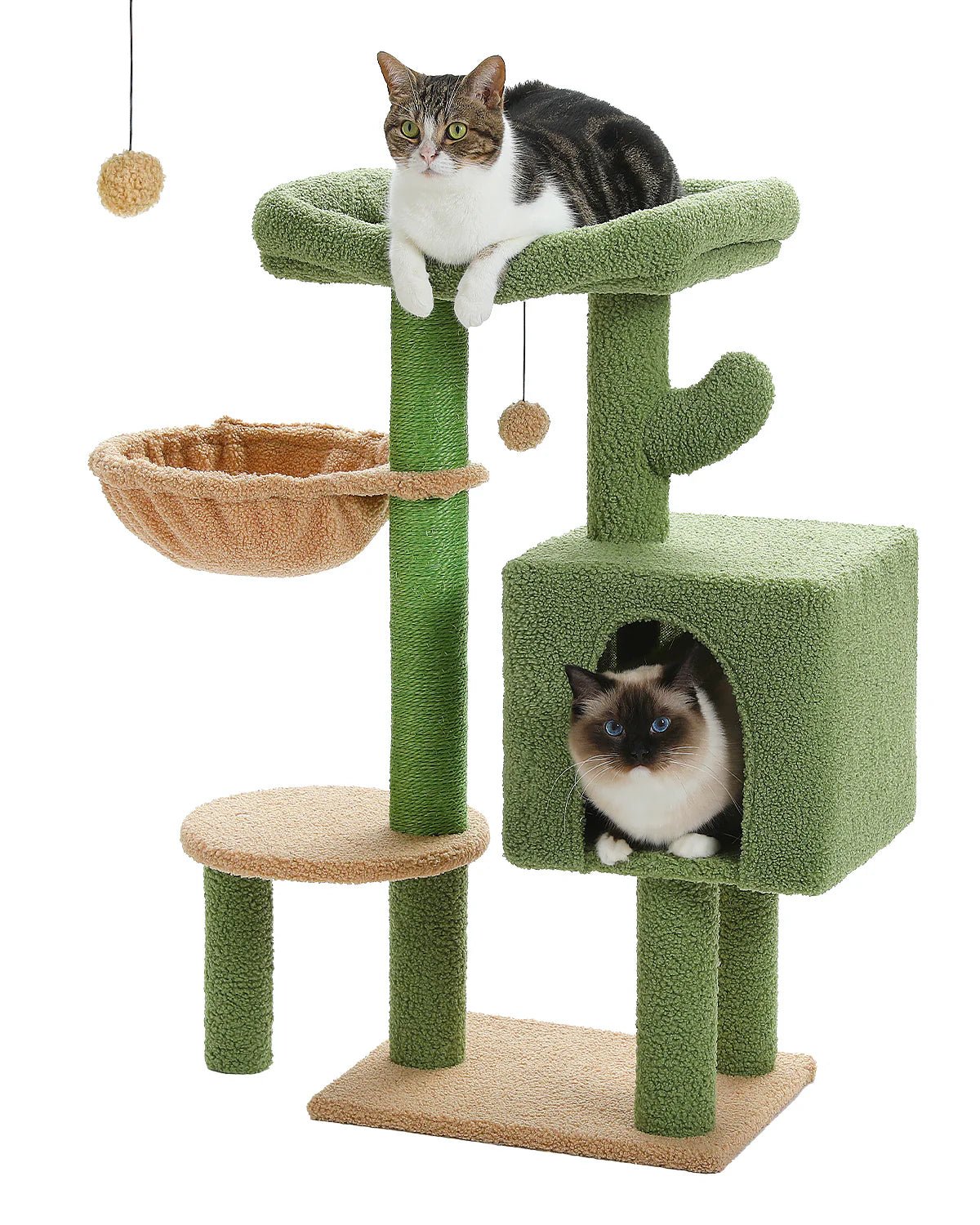 Premium Cat Condo Scratching Post with Hammock & Cactus Design - Multi-Level Cat Tree for Climbing, Scratching & Lounging - Perfect for Indoor Cats, Small Apartments & Playful Kittens