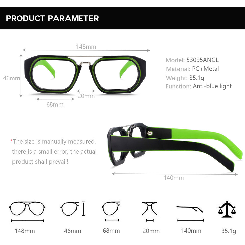 CCspace Unisex Full Rim Square Resin Double Bridge Punk Frame Eyeglasses 53095 - Trendy Retro Style for Men & Women - Perfect for Daily Wear, Cosplay, and Fashion Accessories
