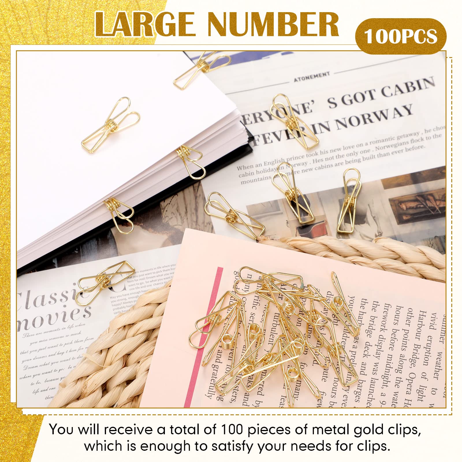 100 Pcs Gold Small Metal Wire Hollow Out Paper Clips - Multipurpose Stainless Steel Utility Clips for School, Office, Kitchen & Outdoor Use - Perfect for Organizing Documents, Bills, Clothes & More