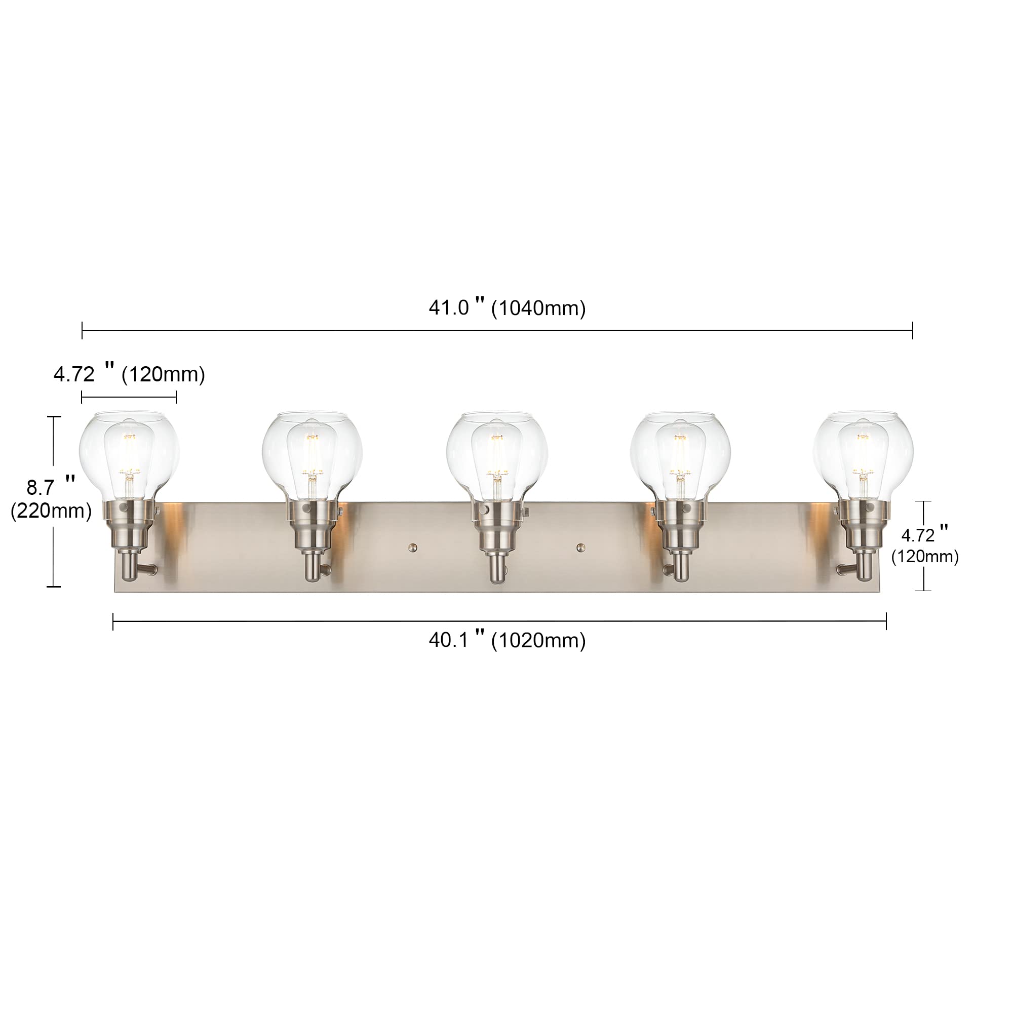 Brushed Nickel 5-Light Bathroom Vanity Lighting with Clear Globe Glass, E26 Base - Perfect for Mirror, Bath, Hallway & Indoor Wall Decor