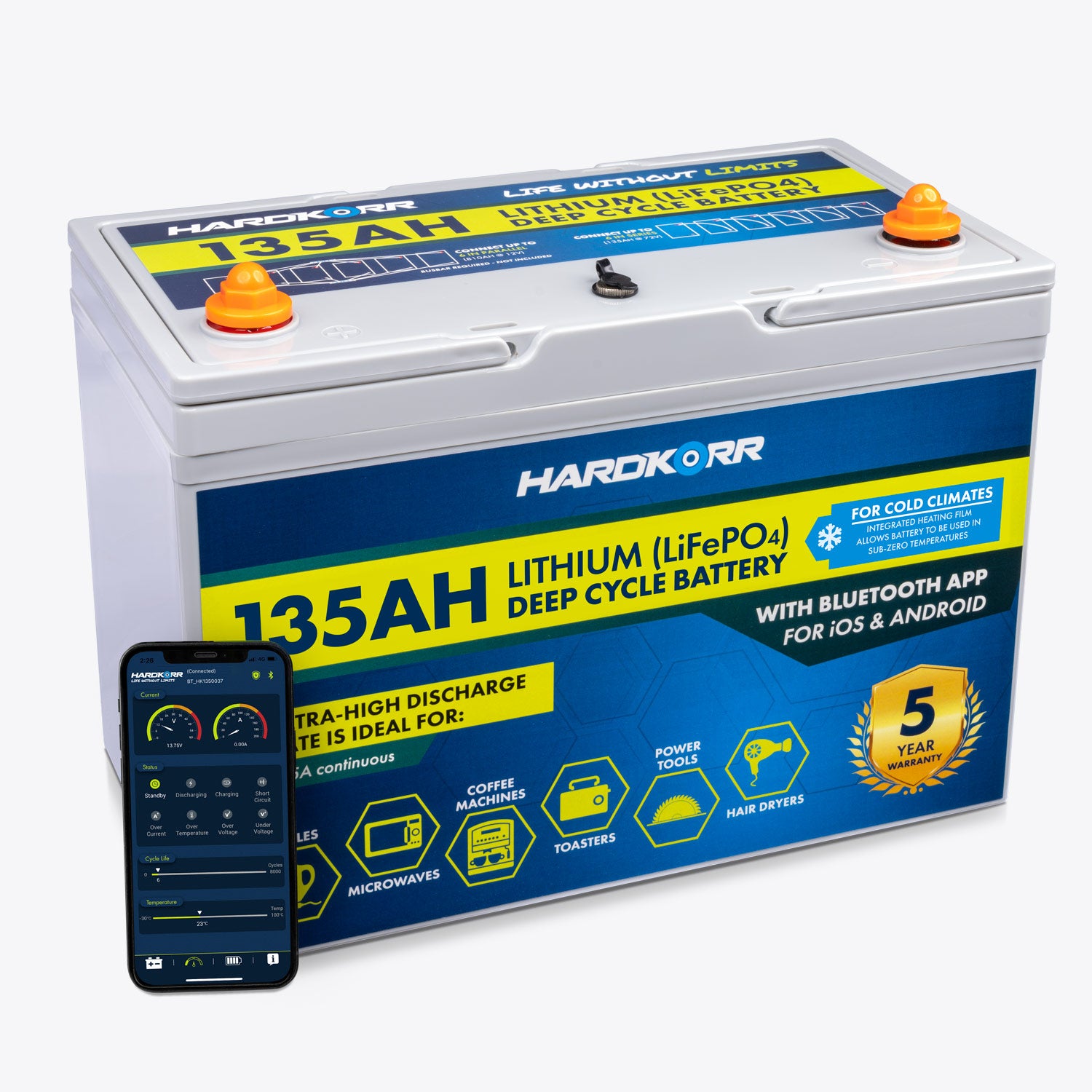 135Ah LiFePO4 Deep Cycle Battery for Cold Weather - Bluetooth Monitoring - Perfect for RVs, Solar Systems & Marine Applications