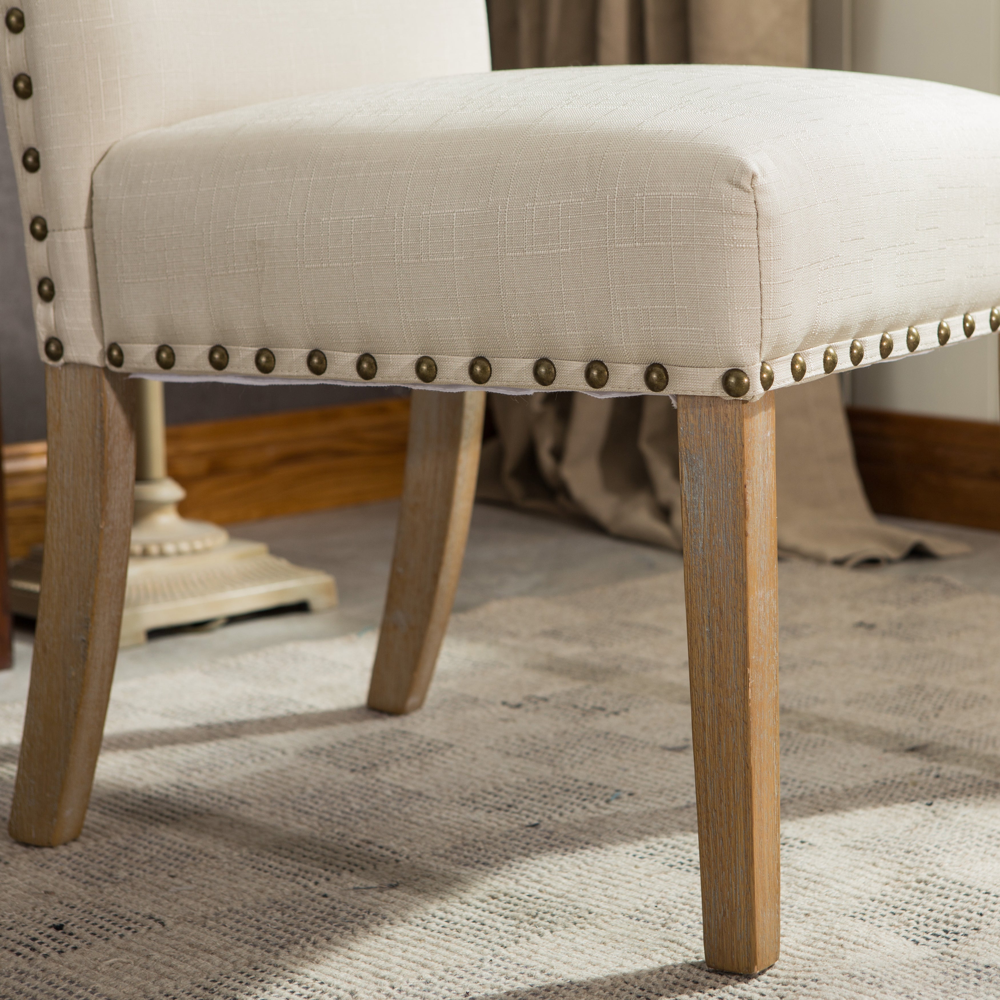 Roundhill Furniture Mod Urban Style Solid Wood Nailhead Fabric Padded Parson Chair, Tan, Set of 2 - Modern Dining Room Chairs for Kitchen, Breakfast Nook, or Home Office