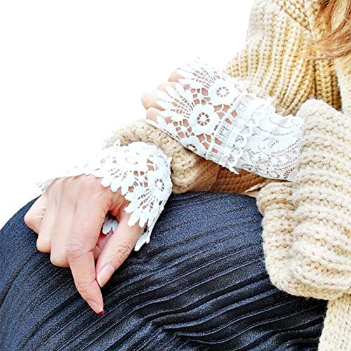 2 Pairs Women's Fake Arm Sleeves - White & Black Organza Pleated Cuff Lace Hollow Hook Arm Warmers | Elegant Goddess Style Accessories for Outdoor Activities, Cosplay & Fashion