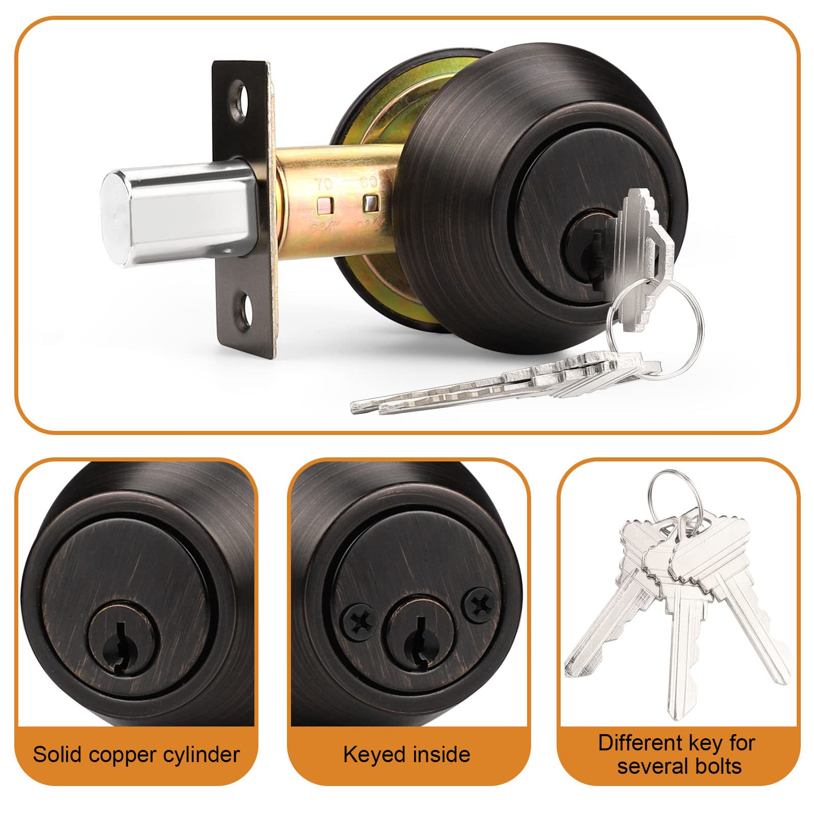 Probrico Oil Rubbed Bronze Round Double Cylinder Deadbolt Lock - 10 Pack Keyed Entry Door Locks for Home Security | Ideal for Front Doors, Back Doors & Rental Properties