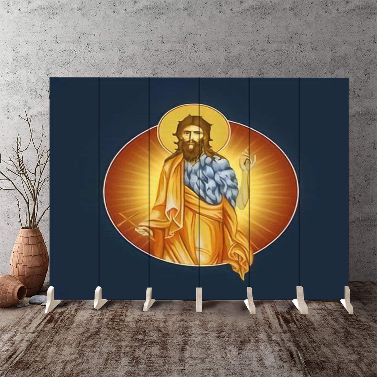 6-Panel Canvas Room Divider Screen with Medallion Design - John The Baptist on Dark Blue Background | Folding Privacy Partition for Bedroom, Office & Living Space