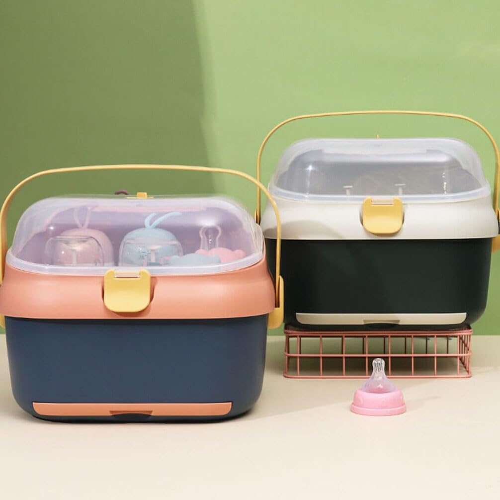 HEMOTON Baby Bottle Drying Rack with Cover - Baby Bottle Storage Organizer for Kitchen Countertop - Dish Rack for Baby Utensils, Cutlery & Tableware (Pink/Blue) - Perfect for Nursery, Daycare & Home Kitchen Organization