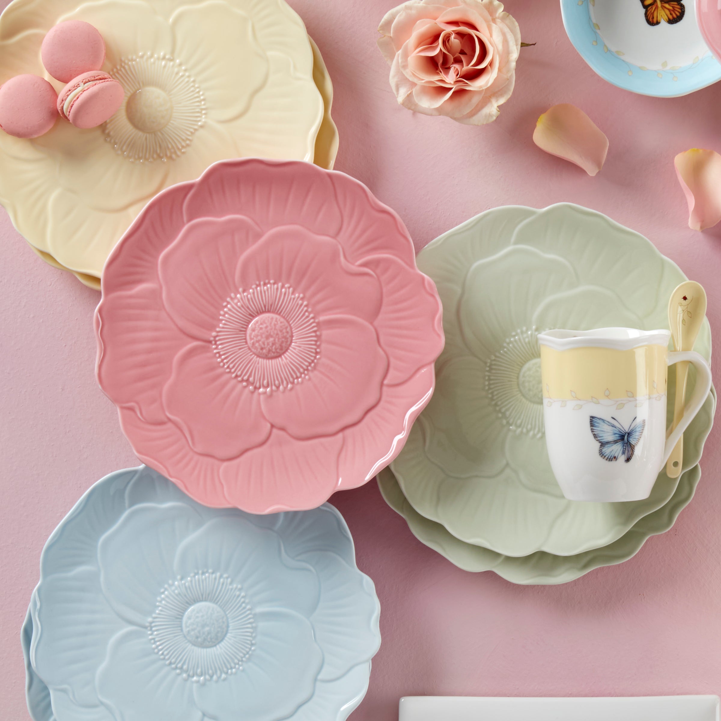 Butterfly Meadow Floral Pink Accent Plates Set of 4 - Elegant Dinnerware for Spring Parties, Bridal Showers & Home Decor